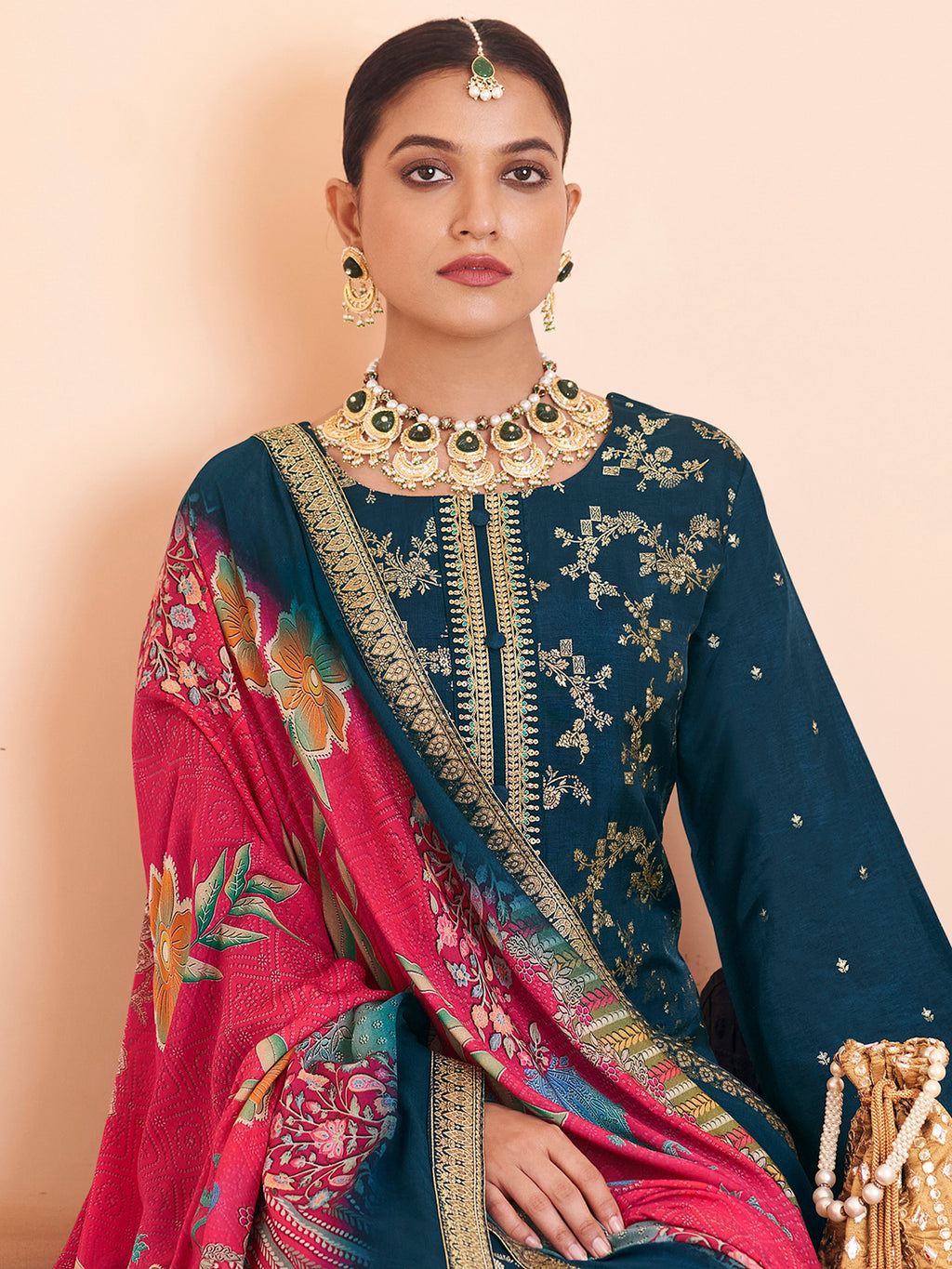 Regal Navy Blue Dola Silk Jacquard Suit | Handcrafted Paisley & Sequin Embroidered Ensemble
