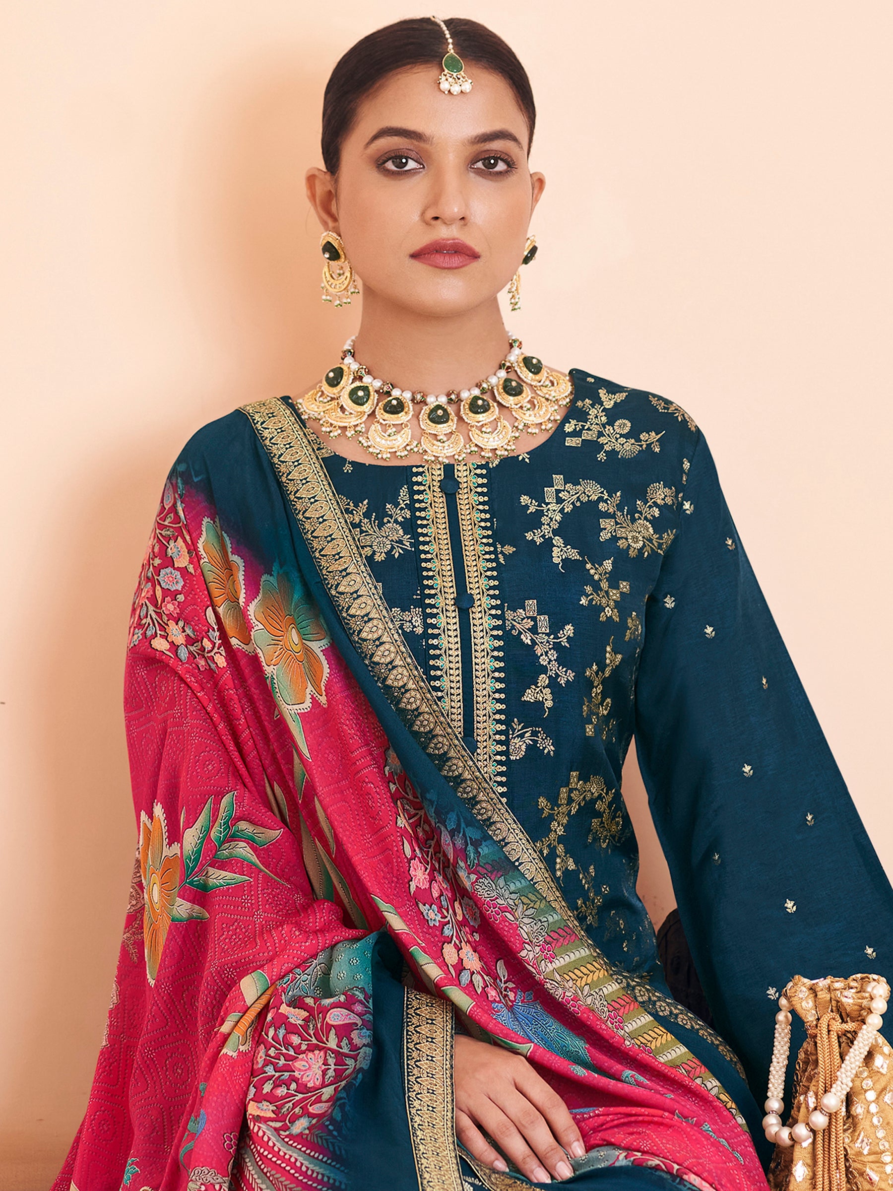 Regal Navy Blue Dola Silk Jacquard Suit | Handcrafted Paisley & Sequin Embroidered Ensemble