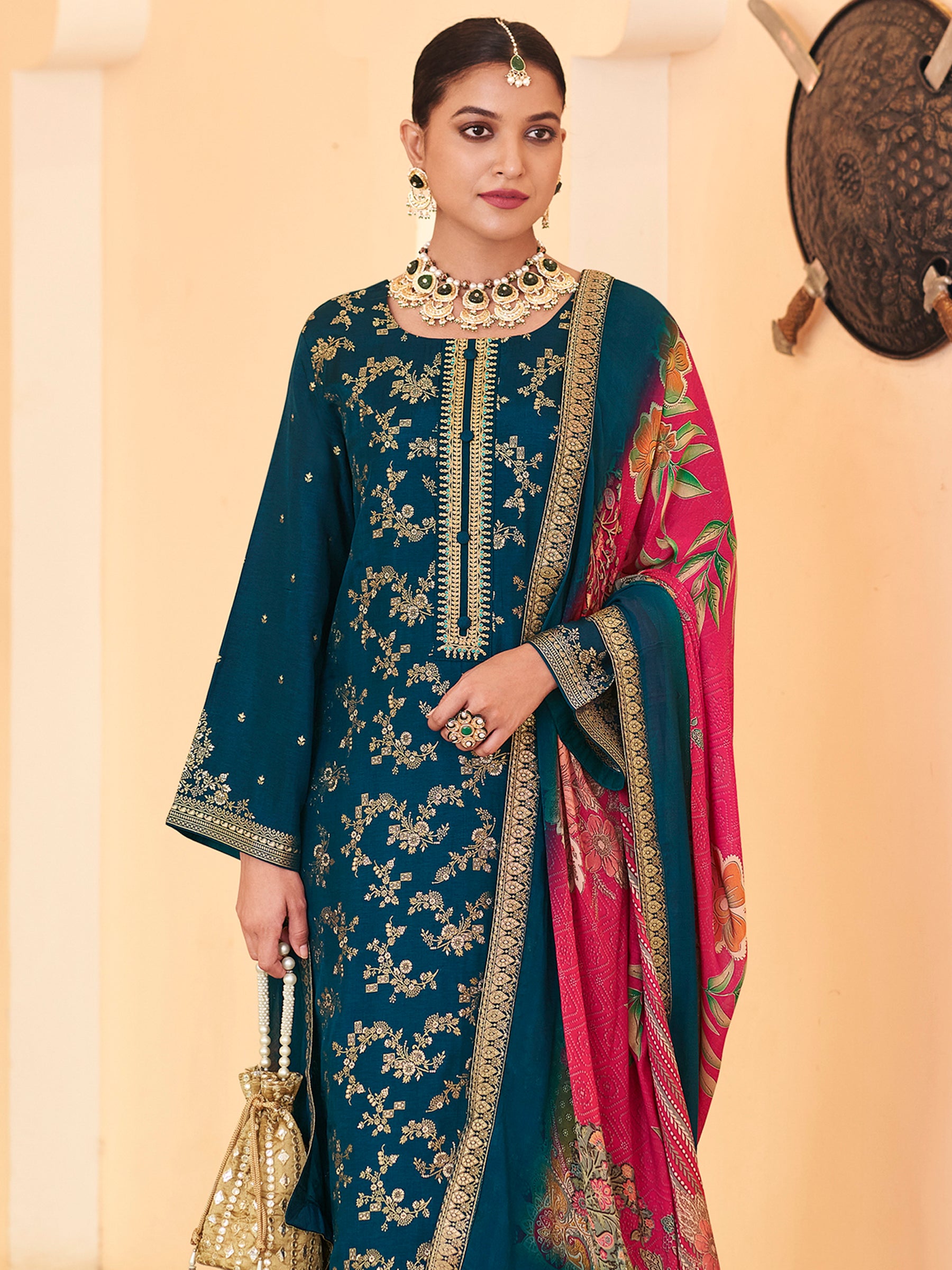 Regal Navy Blue Dola Silk Jacquard Suit | Handcrafted Paisley & Sequin Embroidered Ensemble