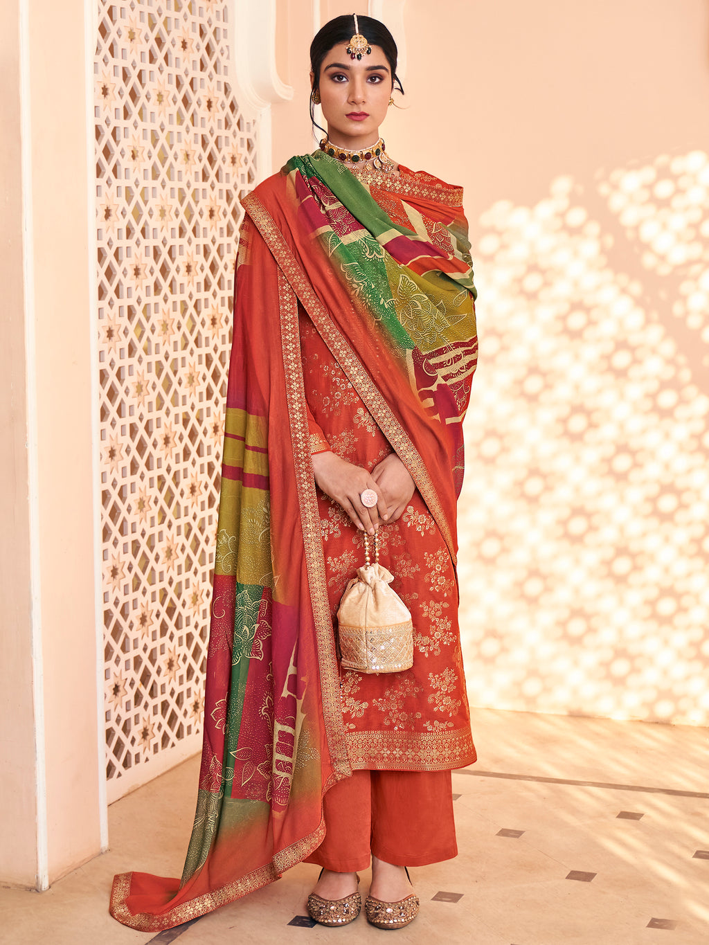 Autumn Rust Dola Silk Jacquard Bridal Suit | Hand-Embroidered Paisley & Sequin Couture