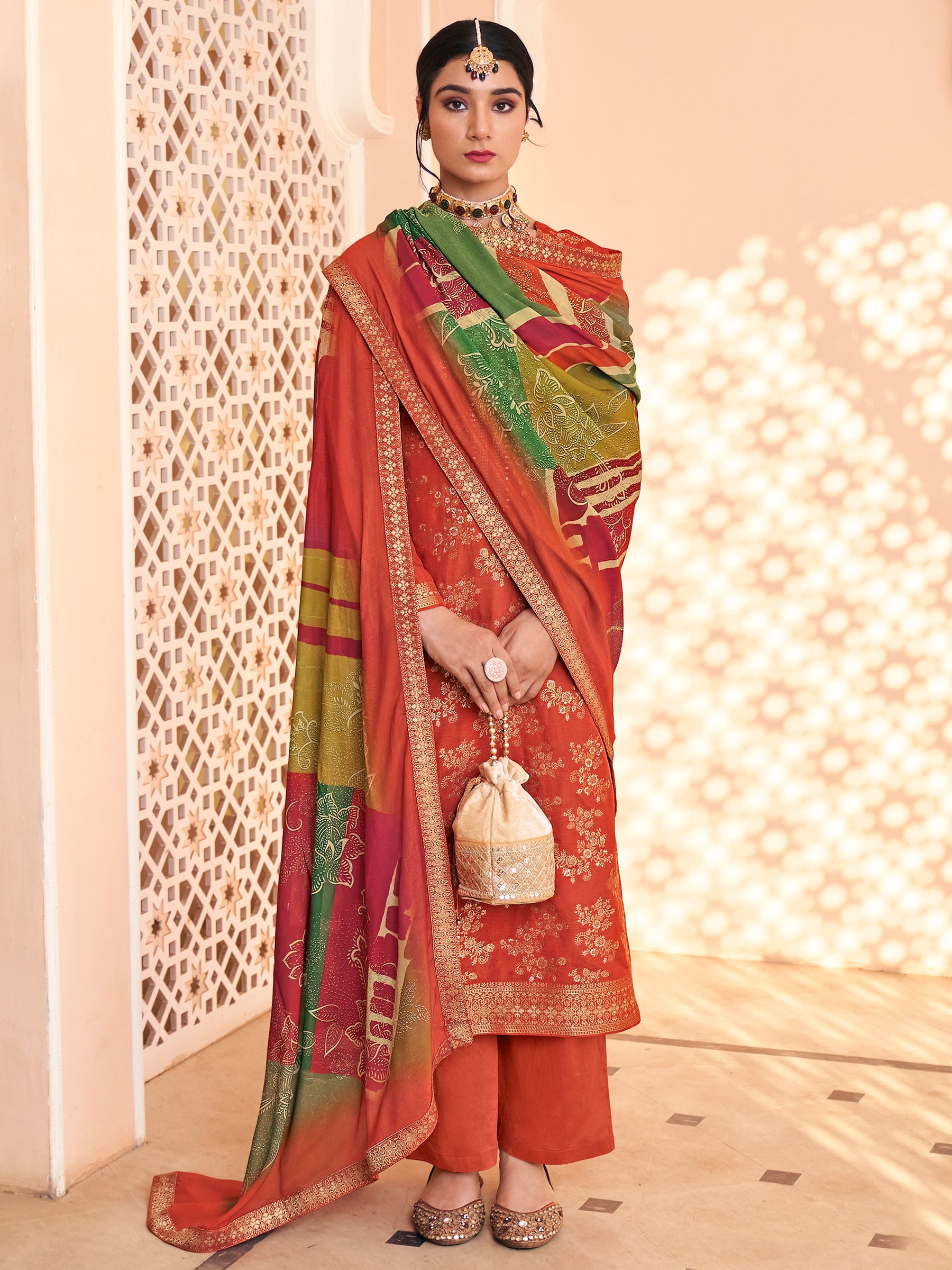 Autumn Rust Dola Silk Jacquard Bridal Suit | Hand-Embroidered Paisley & Sequin Couture