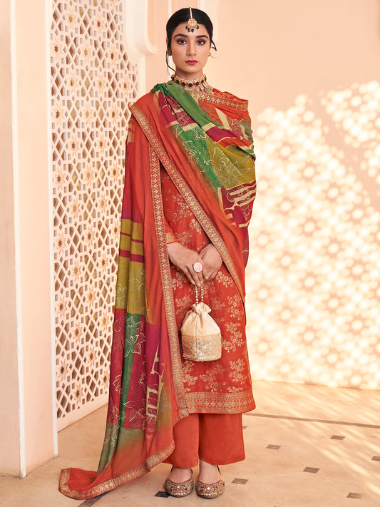 Autumn Rust Dola Silk Jacquard Bridal Suit | Hand-Embroidered Paisley & Sequin Couture