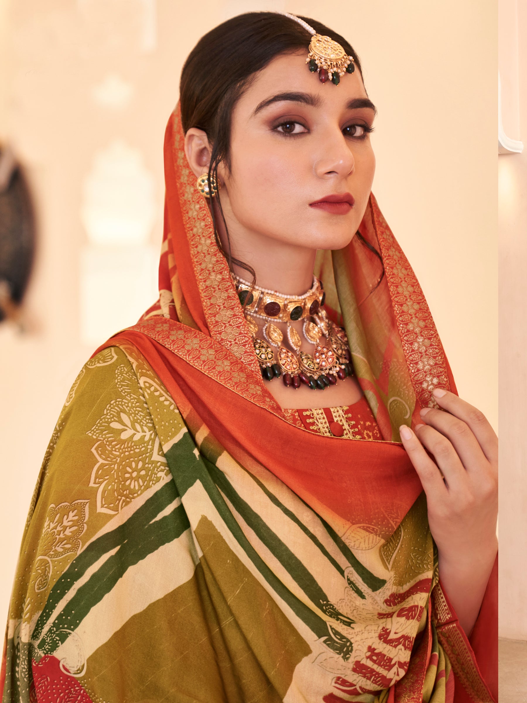 Autumn Rust Dola Silk Jacquard Bridal Suit | Hand-Embroidered Paisley & Sequin Couture