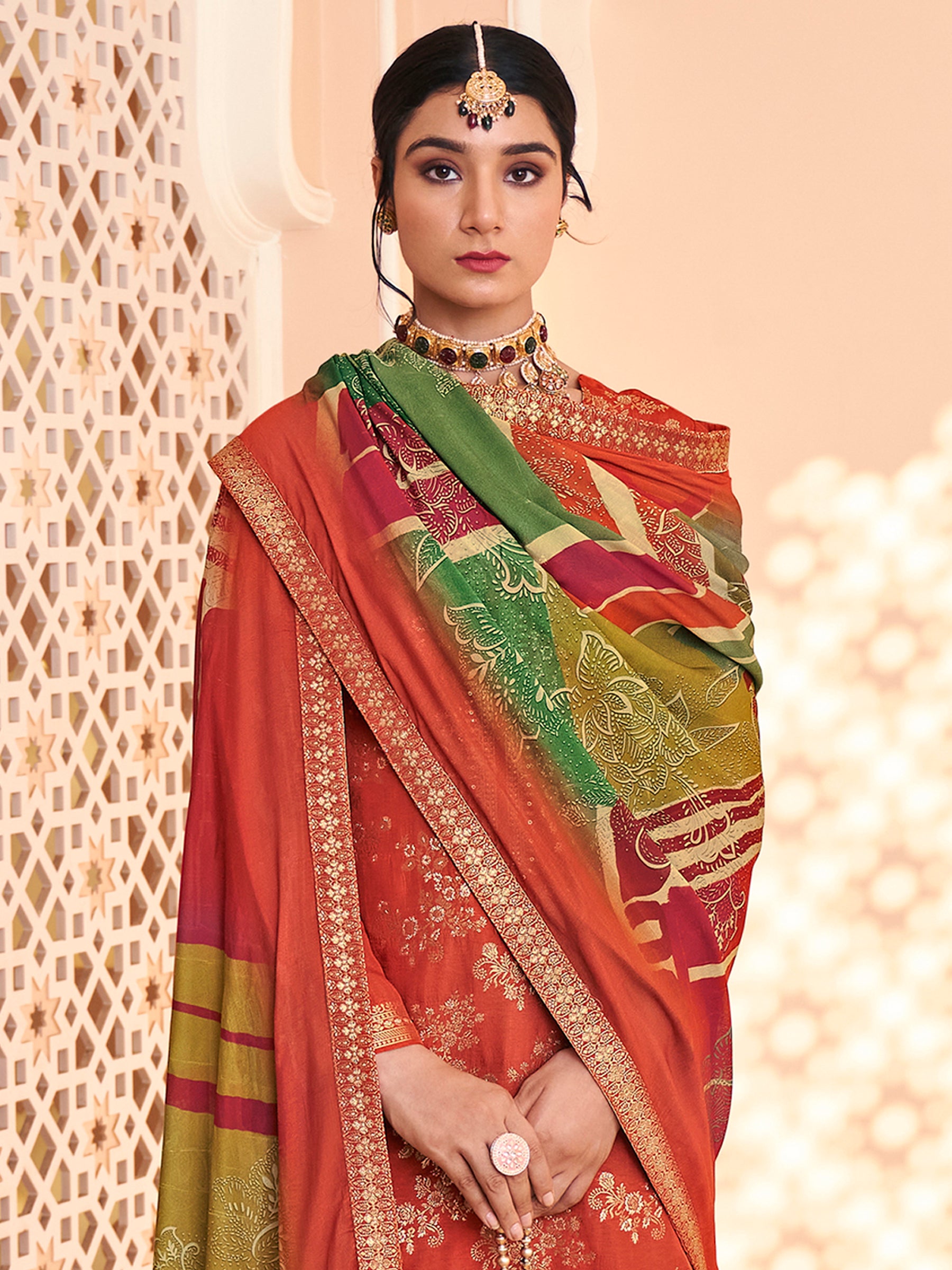 Autumn Rust Dola Silk Jacquard Bridal Suit | Hand-Embroidered Paisley & Sequin Couture