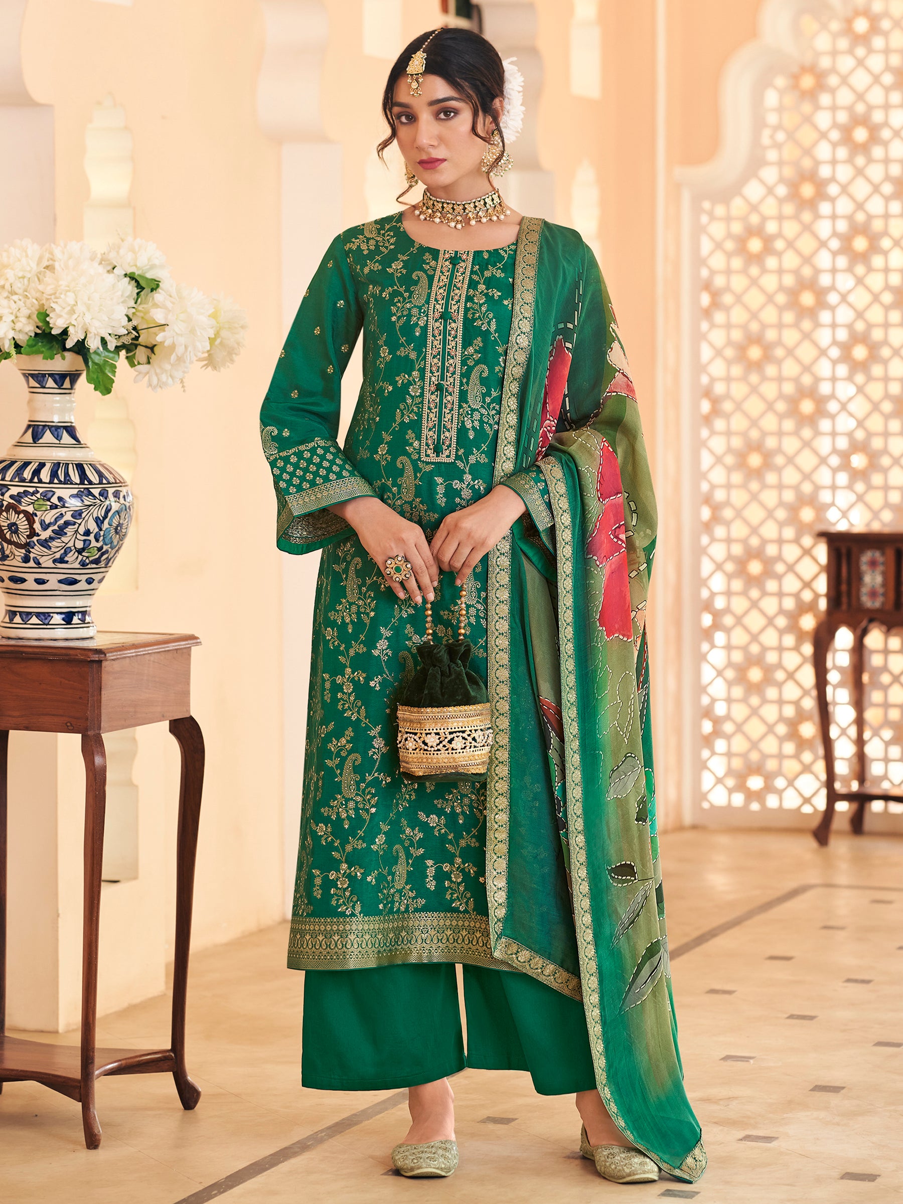 Emerald Envy Green Dola Silk Jacquard Couture Set | Handcrafted Paisley & Sequin Bridal Ensemble