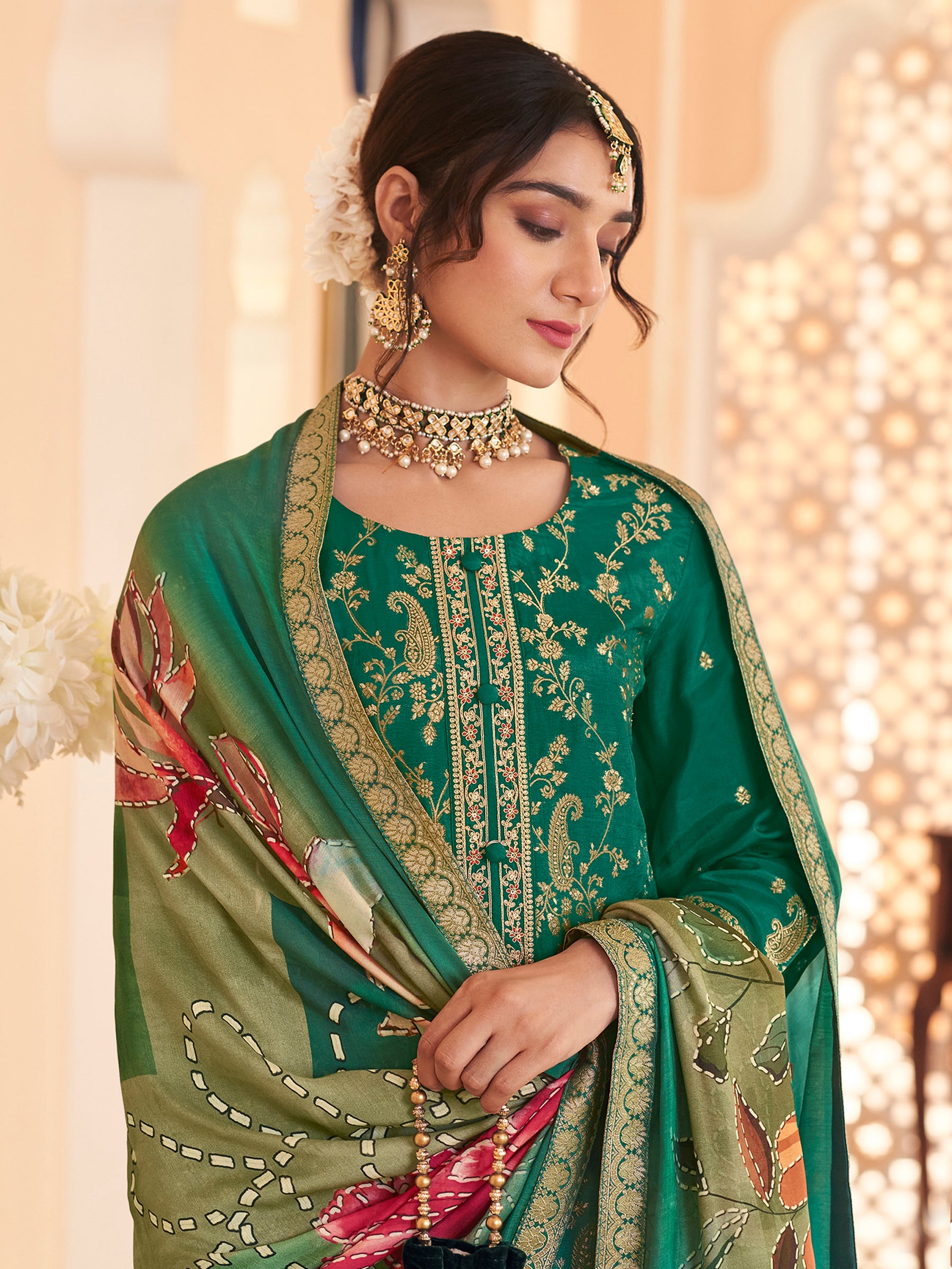 Emerald Envy Green Dola Silk Jacquard Couture Set | Handcrafted Paisley & Sequin Bridal Ensemble