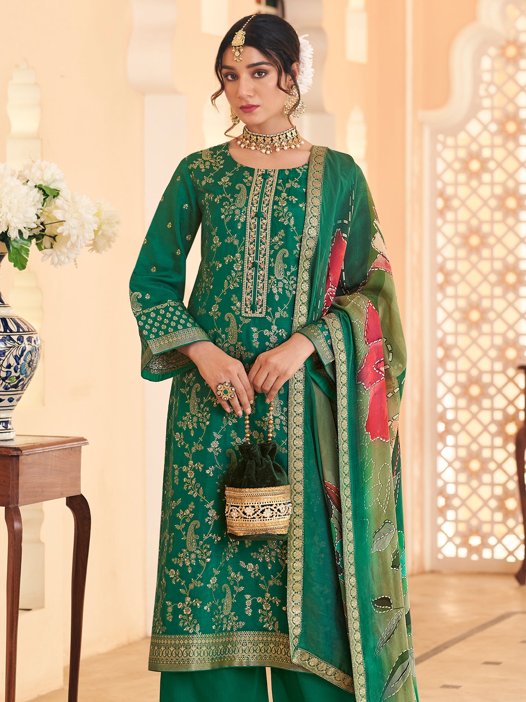 Emerald Envy Green Dola Silk Jacquard Couture Set | Handcrafted Paisley & Sequin Bridal Ensemble