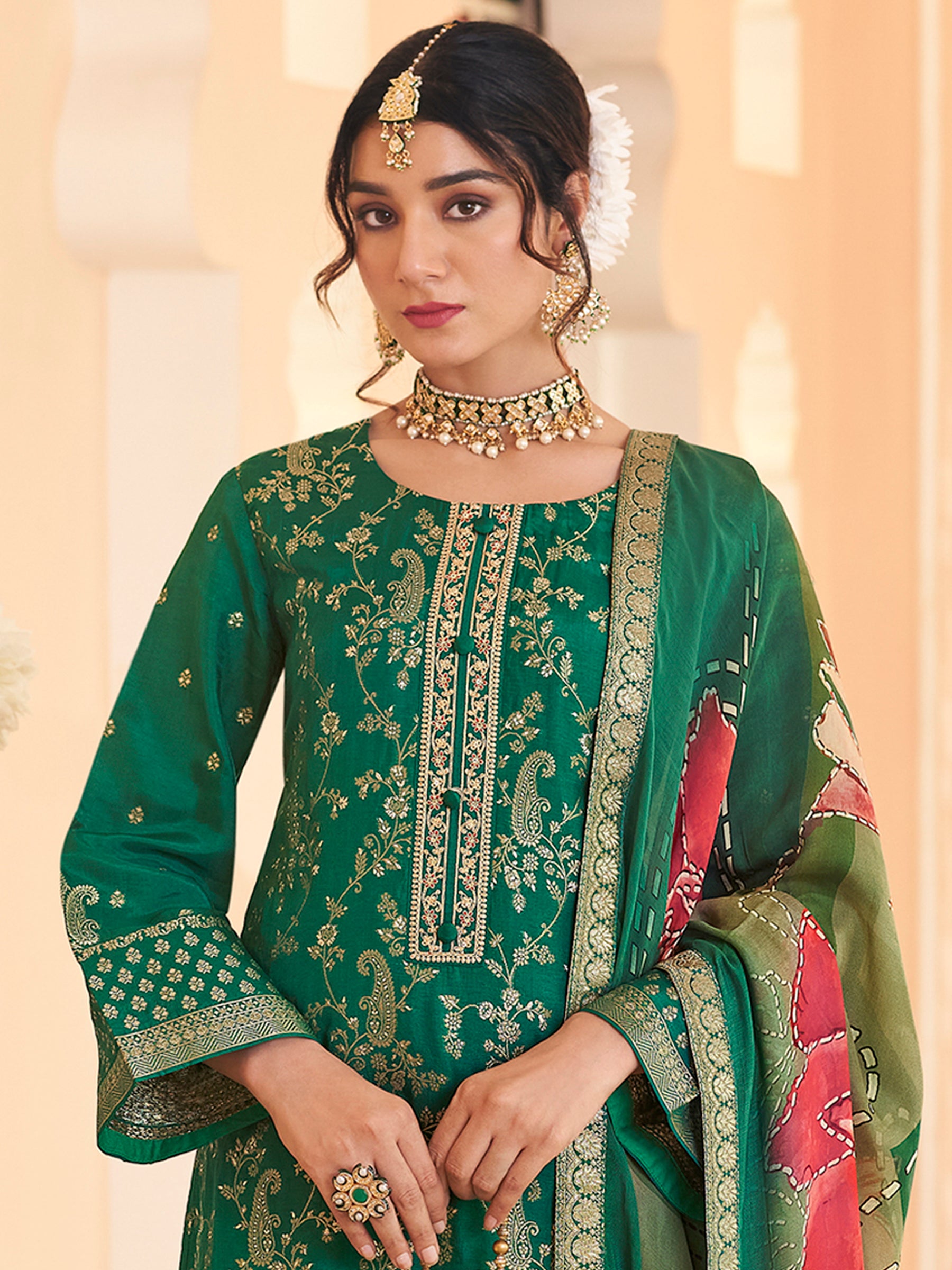 Emerald Envy Green Dola Silk Jacquard Couture Set | Handcrafted Paisley & Sequin Bridal Ensemble