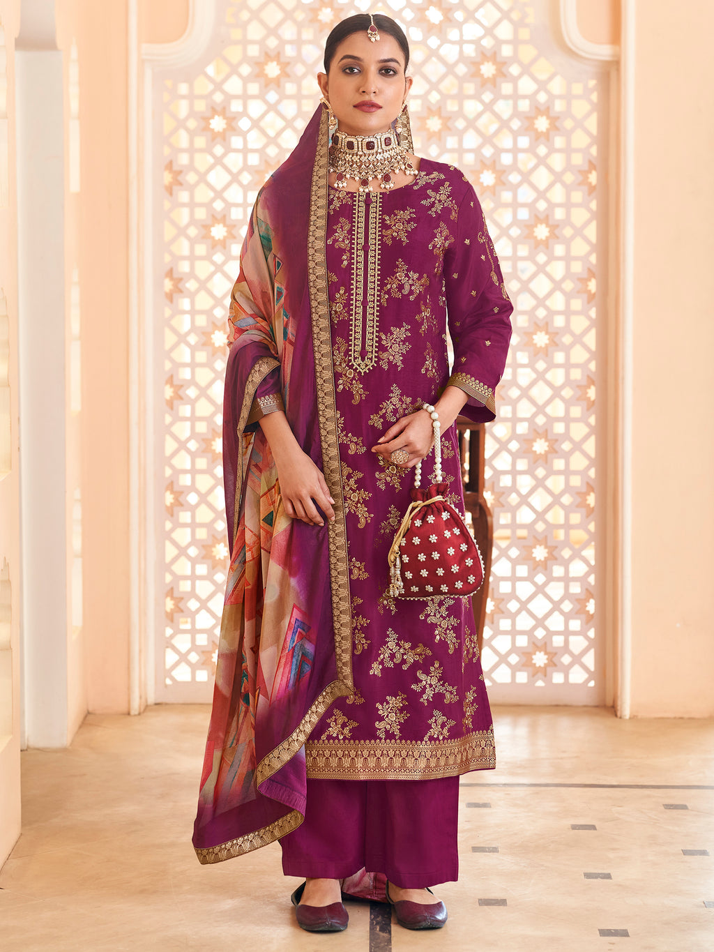 Royal Amethyst Purple Dola Silk Jacquard Bridal Set | Hand-Embroidered Paisley & Sequin Couture Ensemble