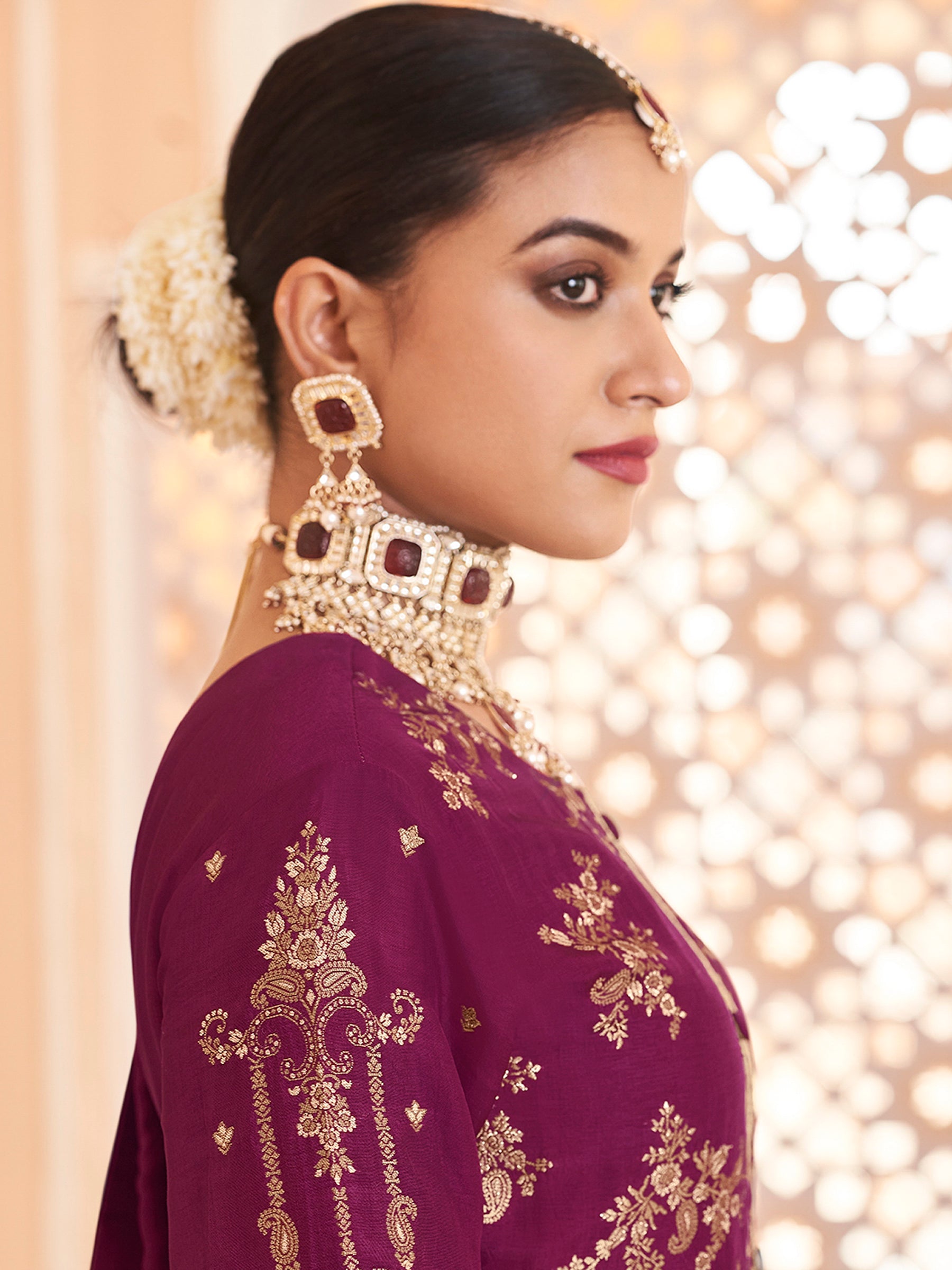 Royal Amethyst Purple Dola Silk Jacquard Bridal Set | Hand-Embroidered Paisley & Sequin Couture Ensemble