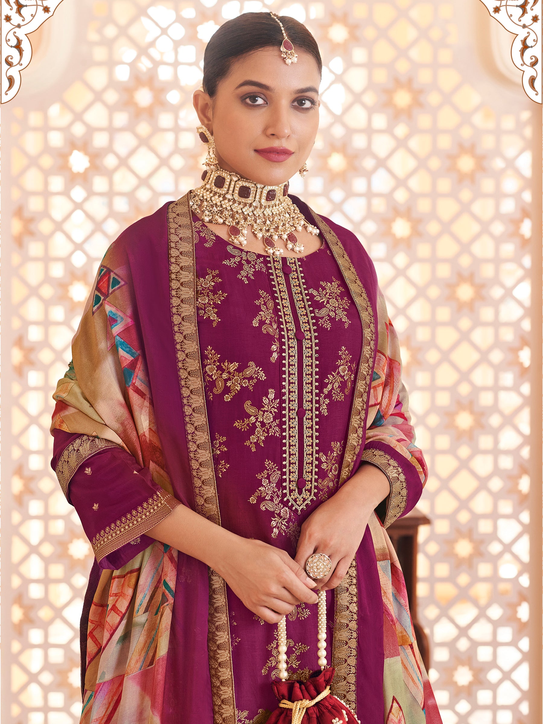 Royal Amethyst Purple Dola Silk Jacquard Bridal Set | Hand-Embroidered Paisley & Sequin Couture Ensemble