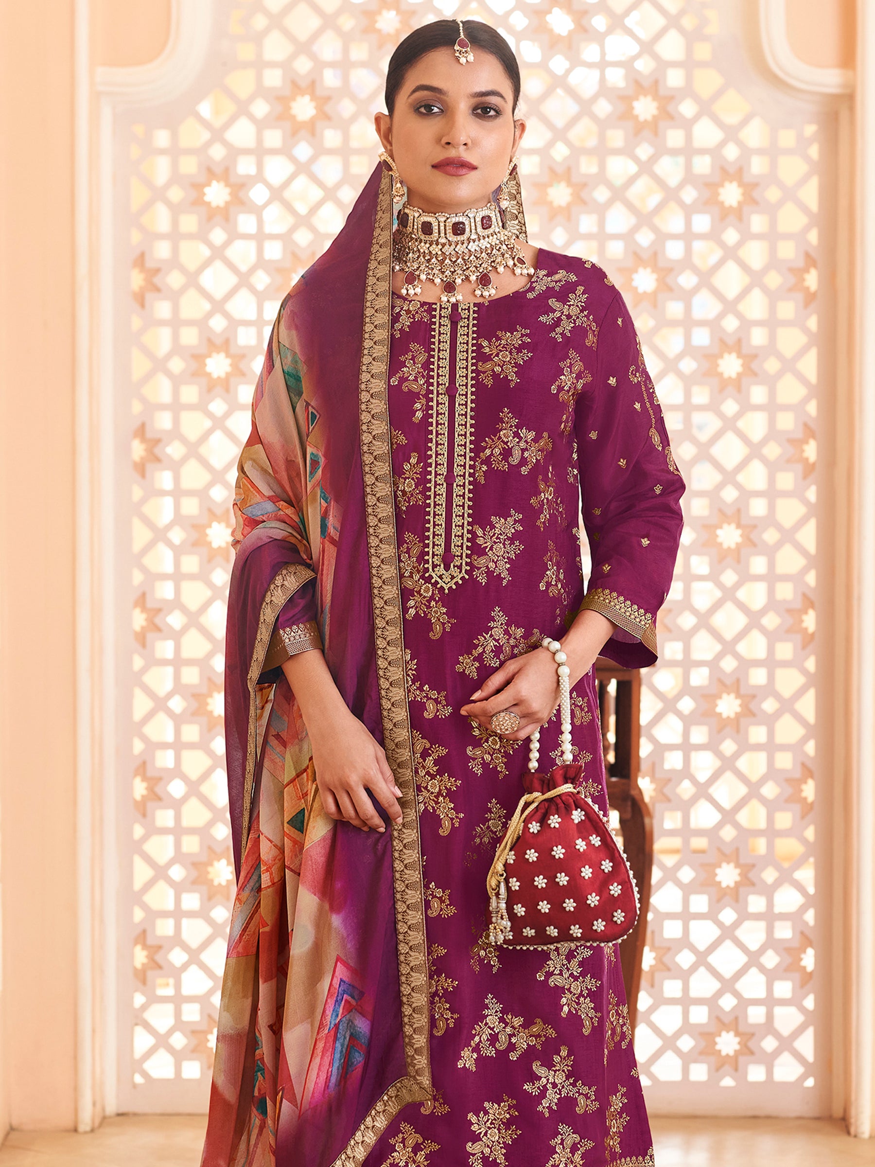 Royal Amethyst Purple Dola Silk Jacquard Bridal Set | Hand-Embroidered Paisley & Sequin Couture Ensemble