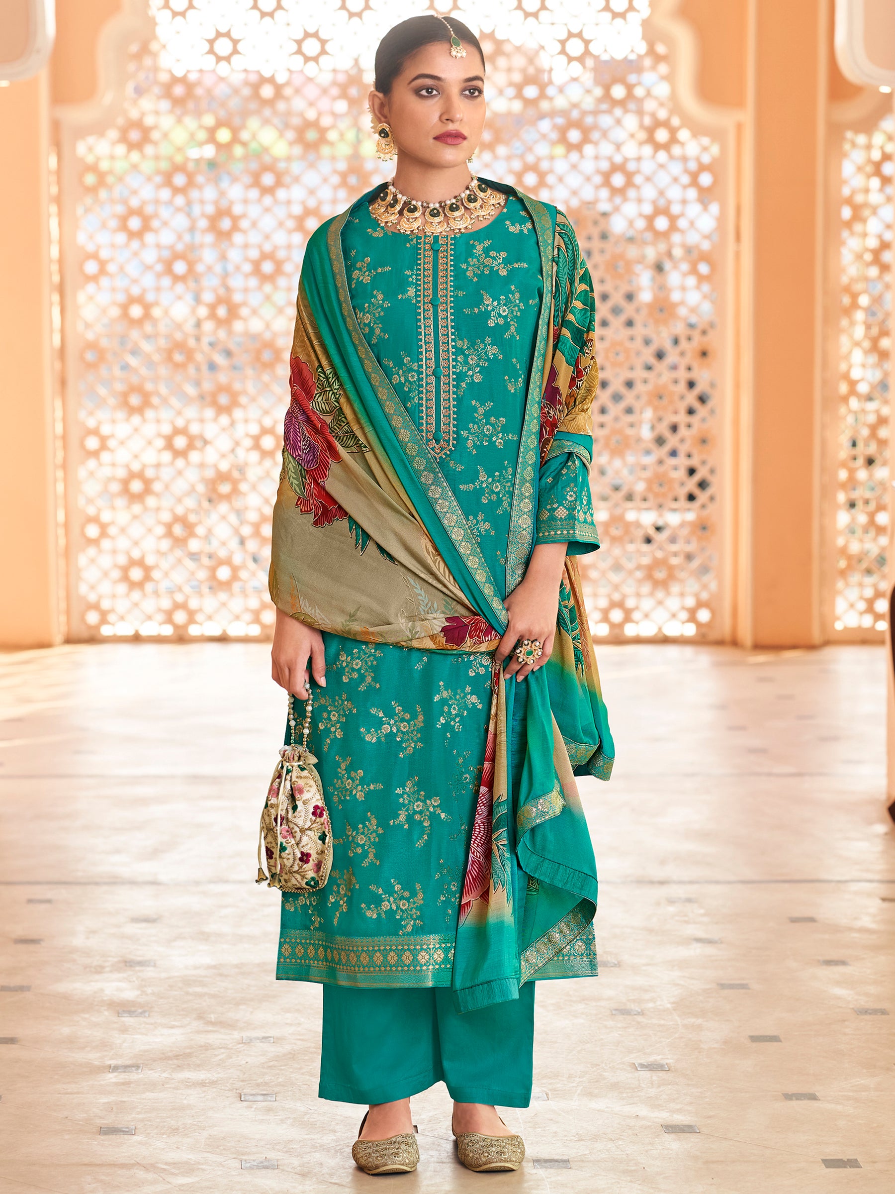 Ocean Radiance Turquoise Dola Silk Jacquard Couture Set | Hand-Embroidered Paisley & Sequin Ensemble