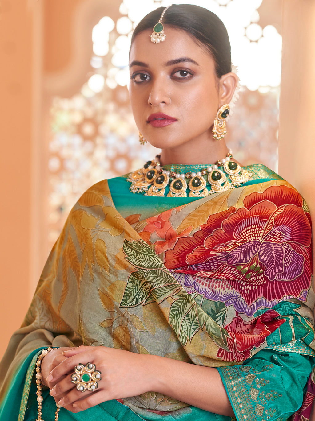 Ocean Radiance Turquoise Dola Silk Jacquard Couture Set | Hand-Embroidered Paisley & Sequin Ensemble