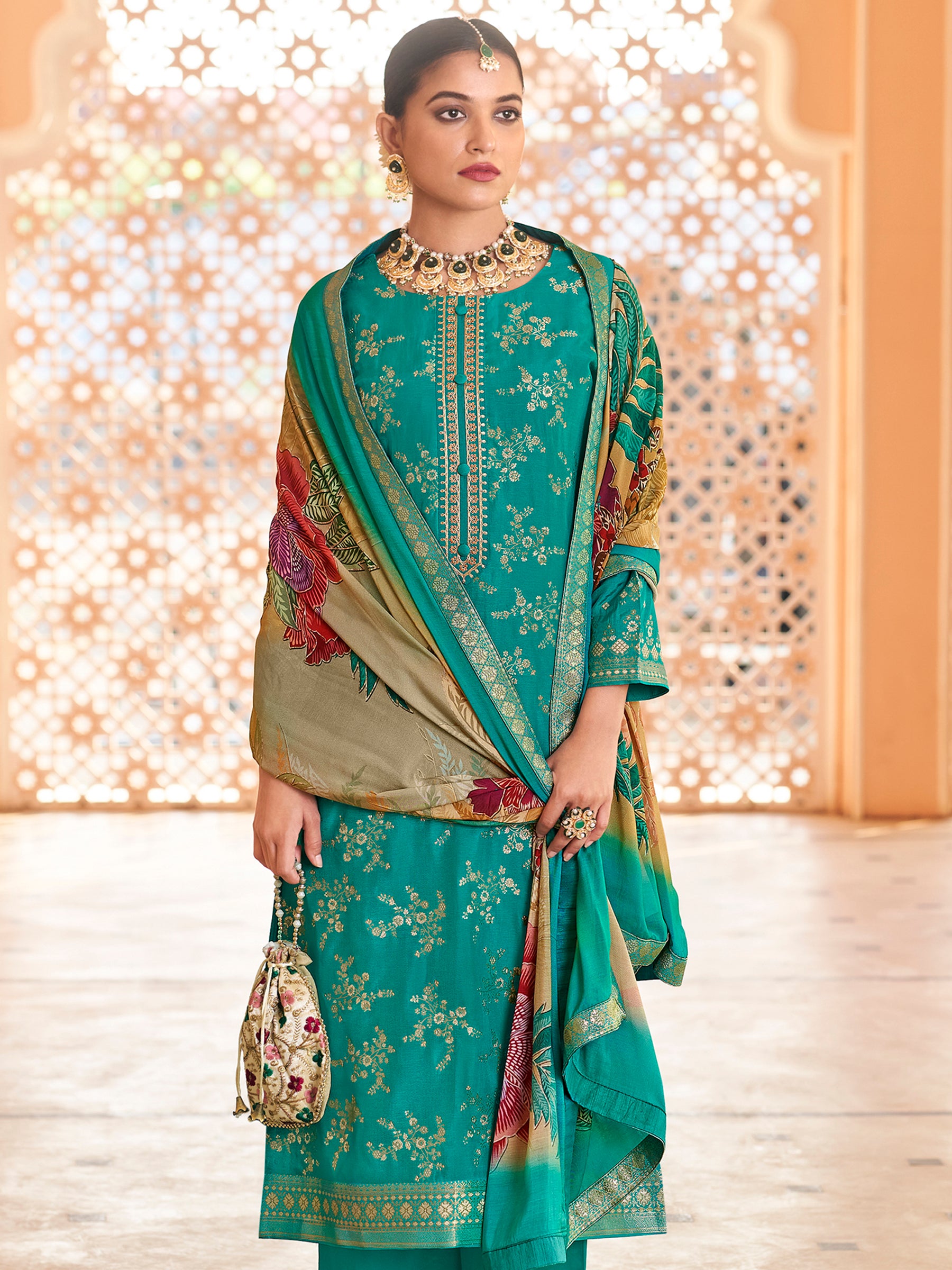 Ocean Radiance Turquoise Dola Silk Jacquard Couture Set | Hand-Embroidered Paisley & Sequin Ensemble