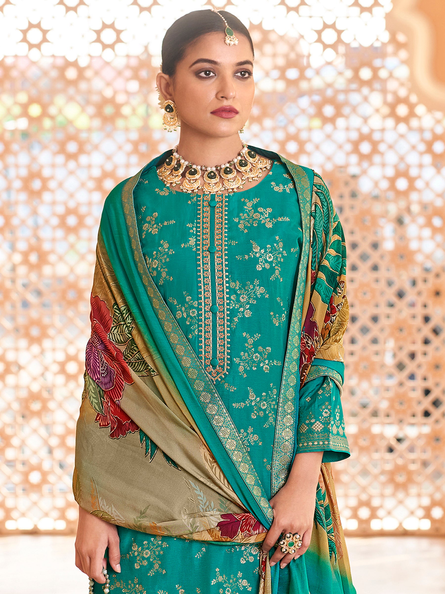 Ocean Radiance Turquoise Dola Silk Jacquard Couture Set | Hand-Embroidered Paisley & Sequin Ensemble