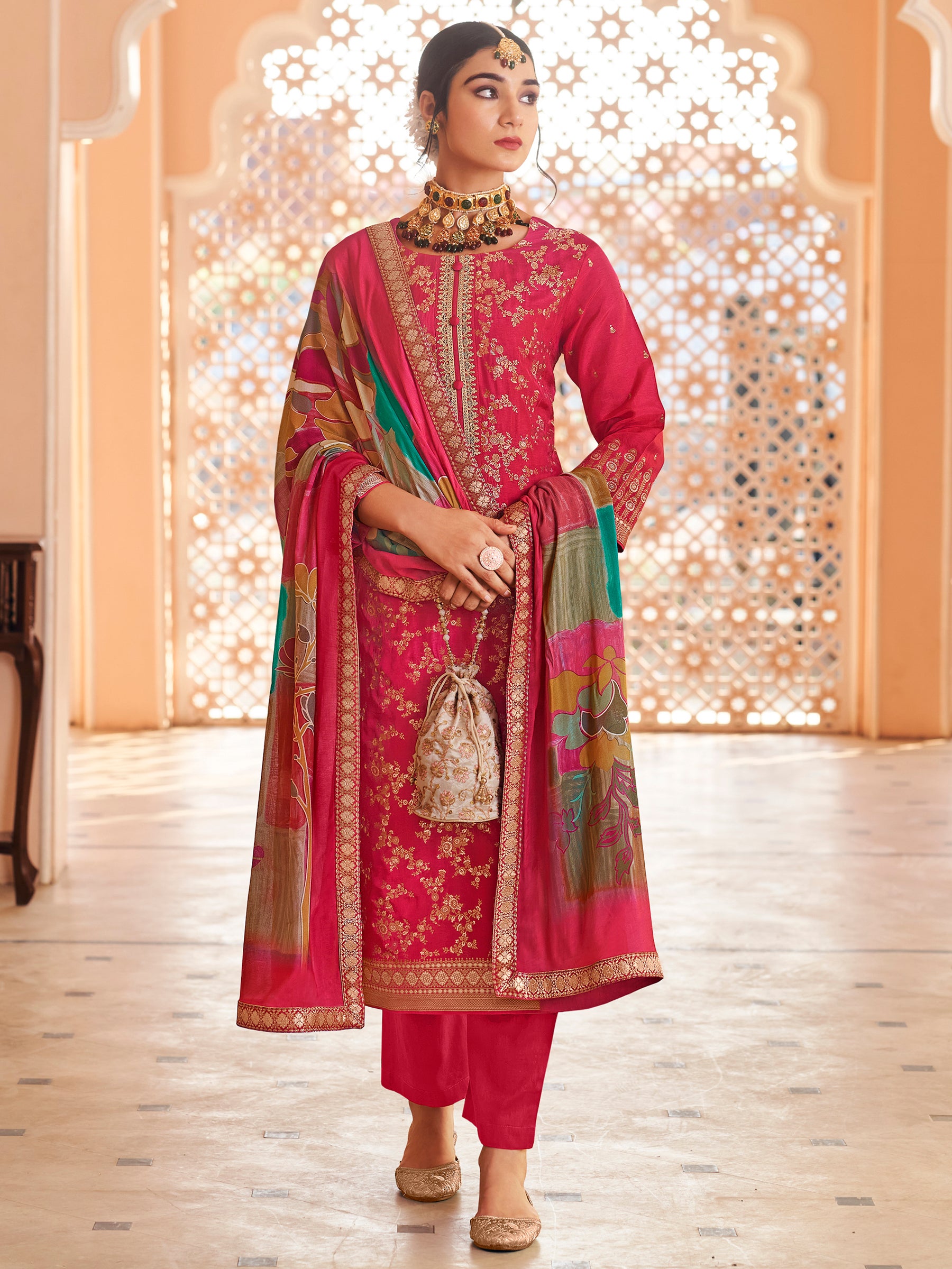 Fuchsia Fantasy Magenta Dola Silk Couture Set | Handcrafted Paisley & Sequin Bridal Ensemble