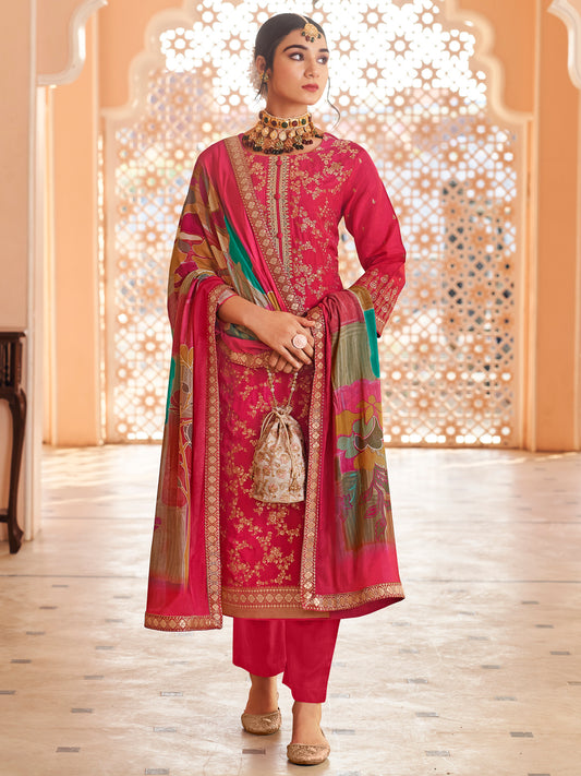 Fuchsia Fantasy Magenta Dola Silk Couture Set | Handcrafted Paisley & Sequin Bridal Ensemble
