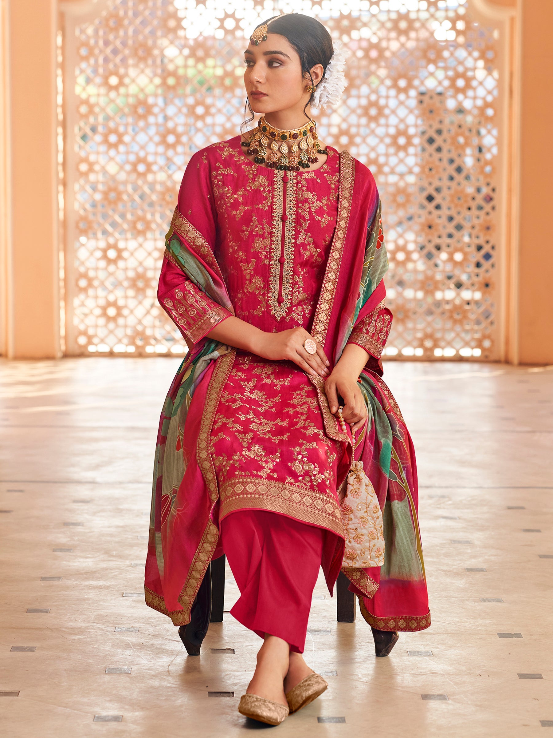 Fuchsia Fantasy Magenta Dola Silk Couture Set | Handcrafted Paisley & Sequin Bridal Ensemble