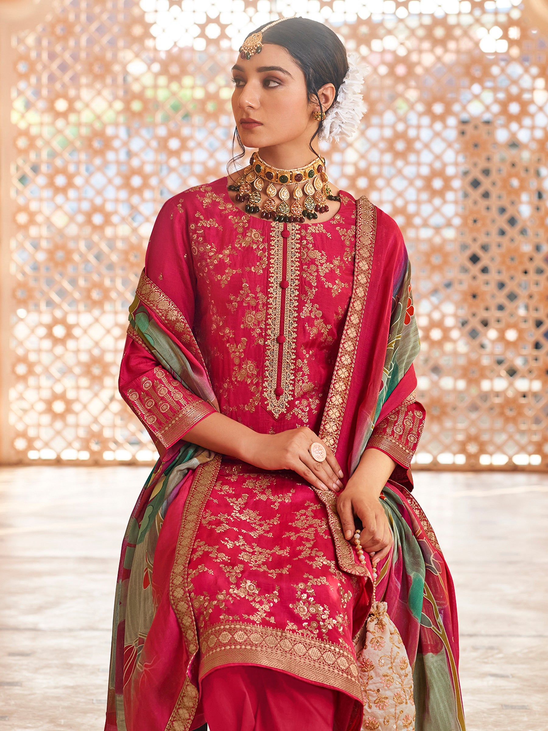 Fuchsia Fantasy Magenta Dola Silk Couture Set | Handcrafted Paisley & Sequin Bridal Ensemble