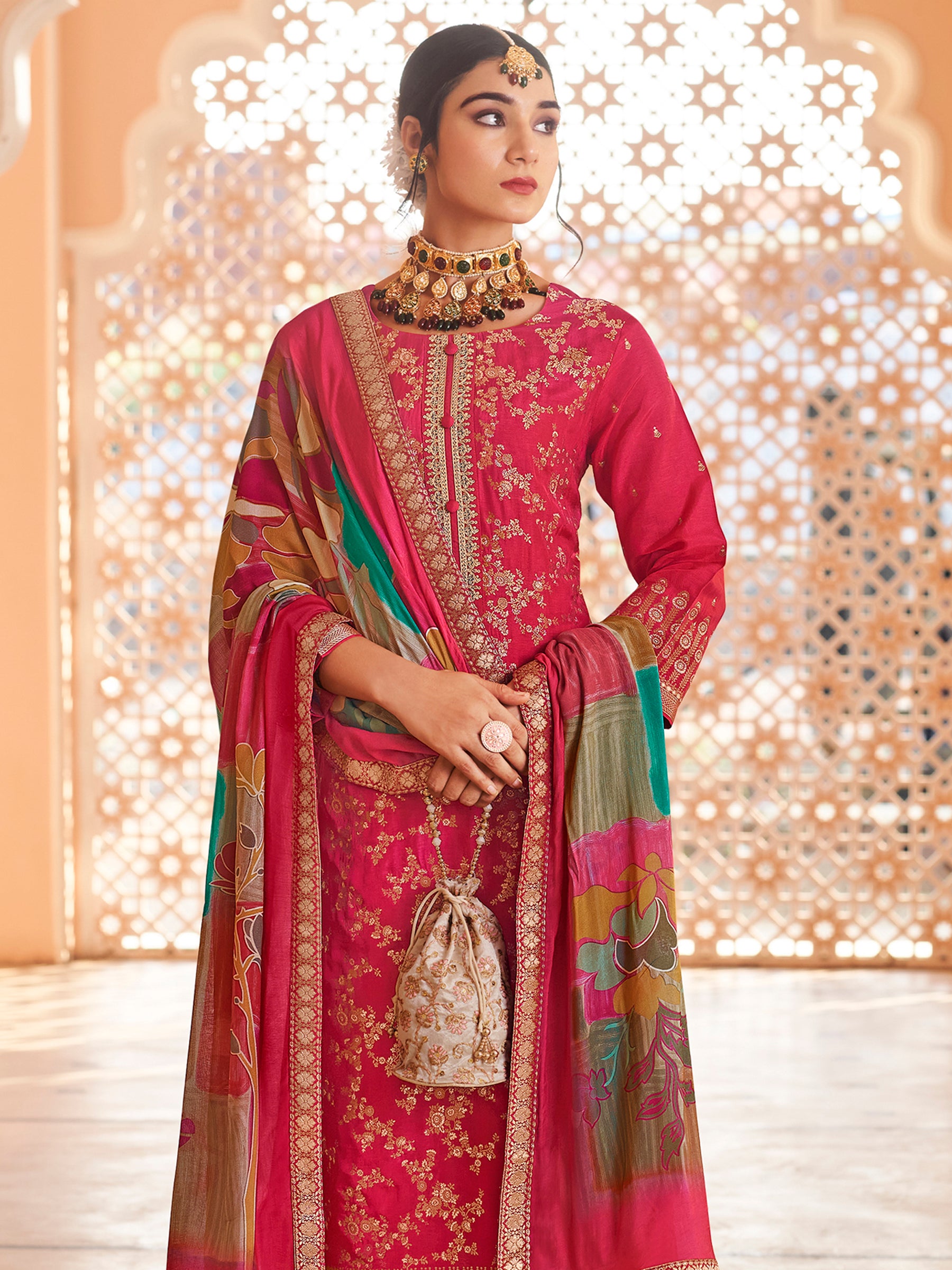 Fuchsia Fantasy Magenta Dola Silk Couture Set | Handcrafted Paisley & Sequin Bridal Ensemble