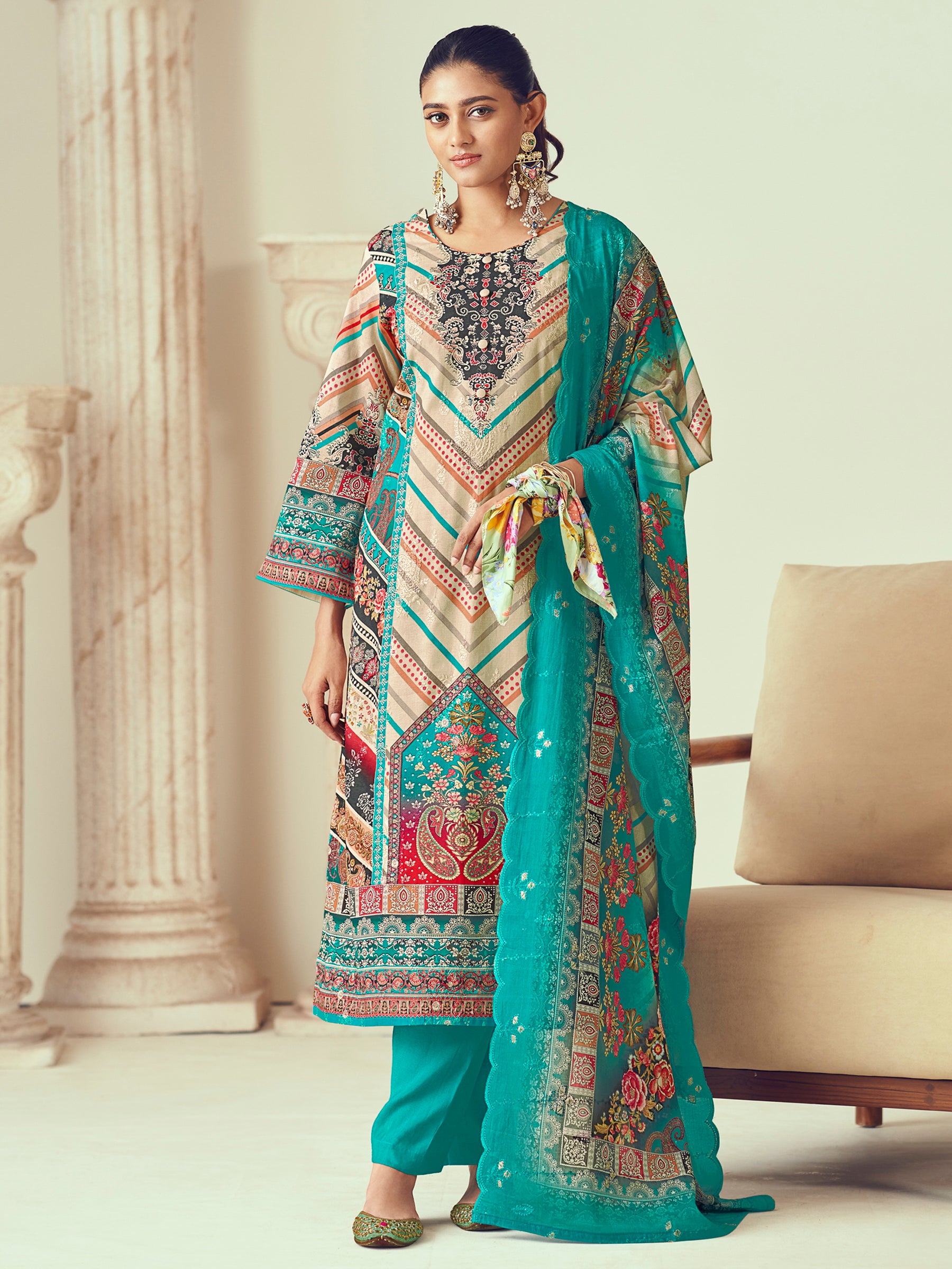 Turquoise Lawn Cotton Indian Suit | Digital Print with Resham Thread Work & Jari Couture