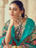 Turquoise Lawn Cotton Indian Suit | Digital Print with Resham Thread Work & Jari Couture