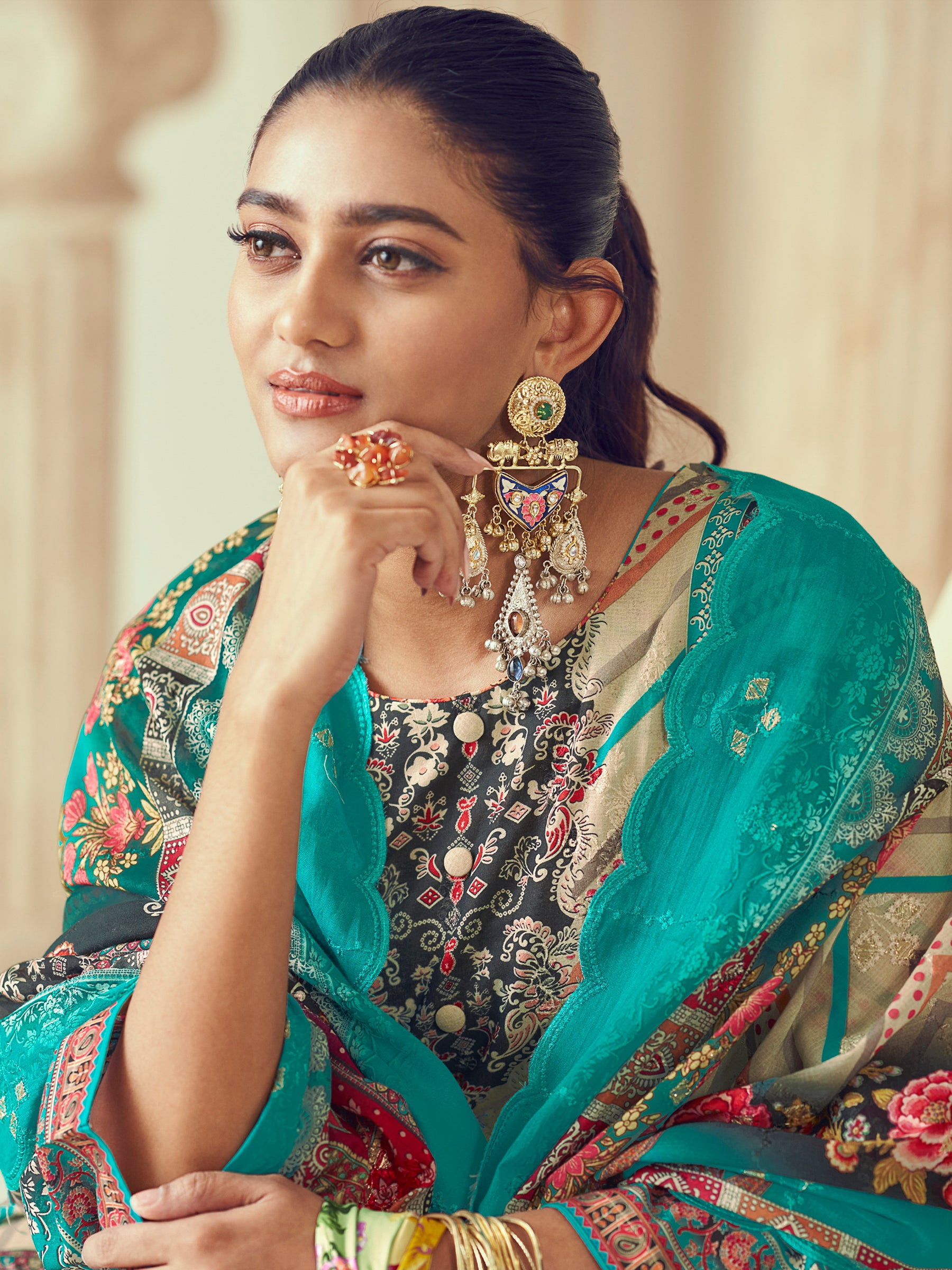 Turquoise Lawn Cotton Indian Suit | Digital Print with Resham Thread Work & Jari Couture