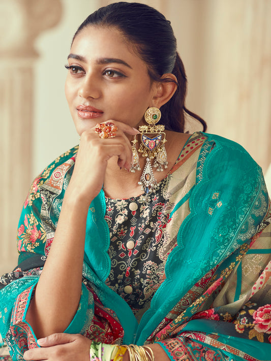 Turquoise Lawn Cotton Indian Suit | Digital Print with Resham Thread Work & Jari Couture