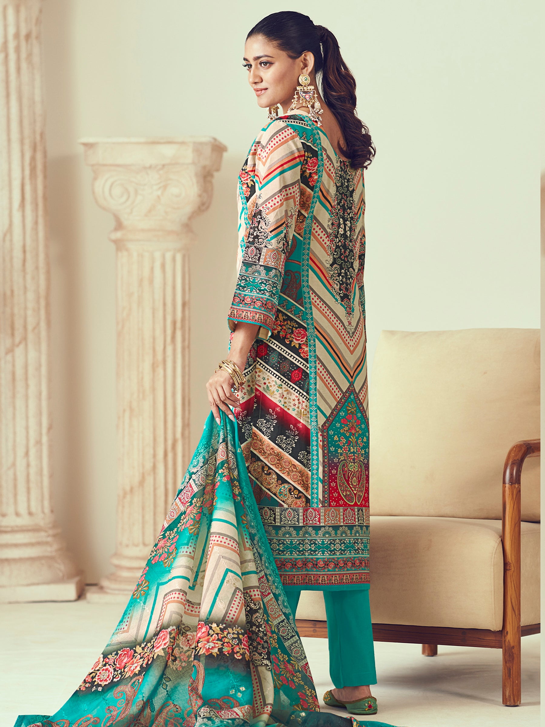 Turquoise Lawn Cotton Indian Suit | Digital Print with Resham Thread Work & Jari Couture