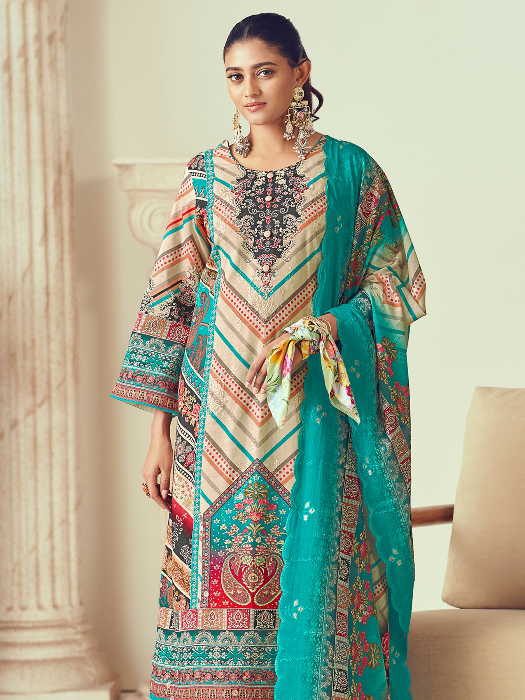 Turquoise Lawn Cotton Indian Suit | Digital Print with Resham Thread Work & Jari Couture