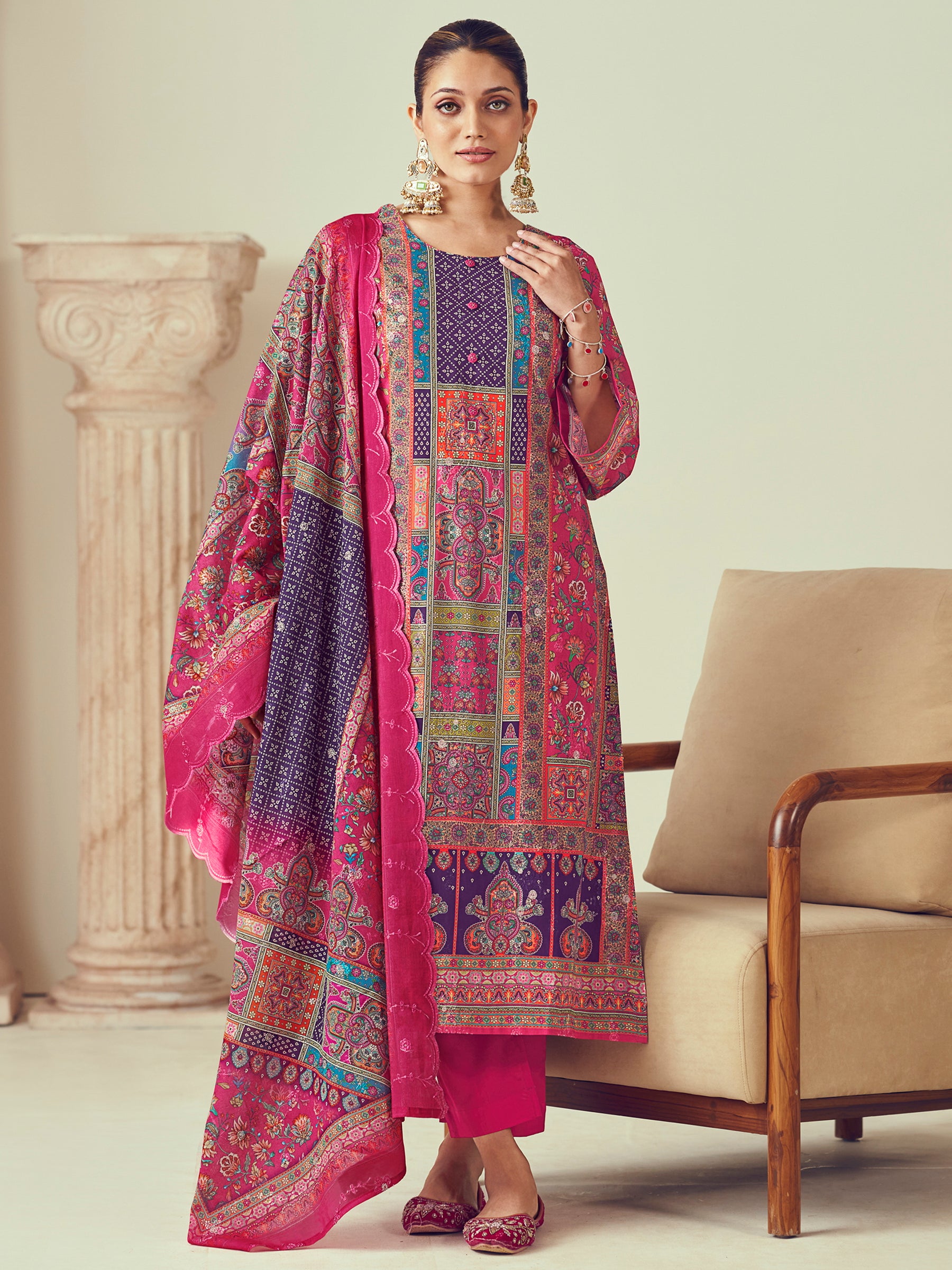 Magenta Lawn Cotton Indian Suit | Digital Print with Resham Thread Work & Jari Couture