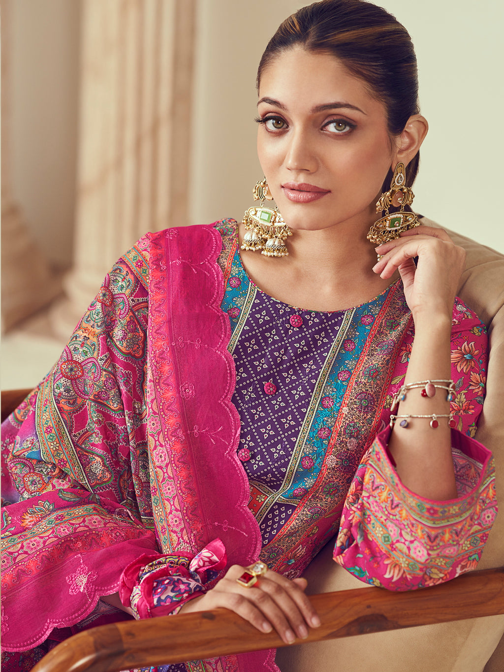 Magenta Lawn Cotton Indian Suit | Digital Print with Resham Thread Work & Jari Couture