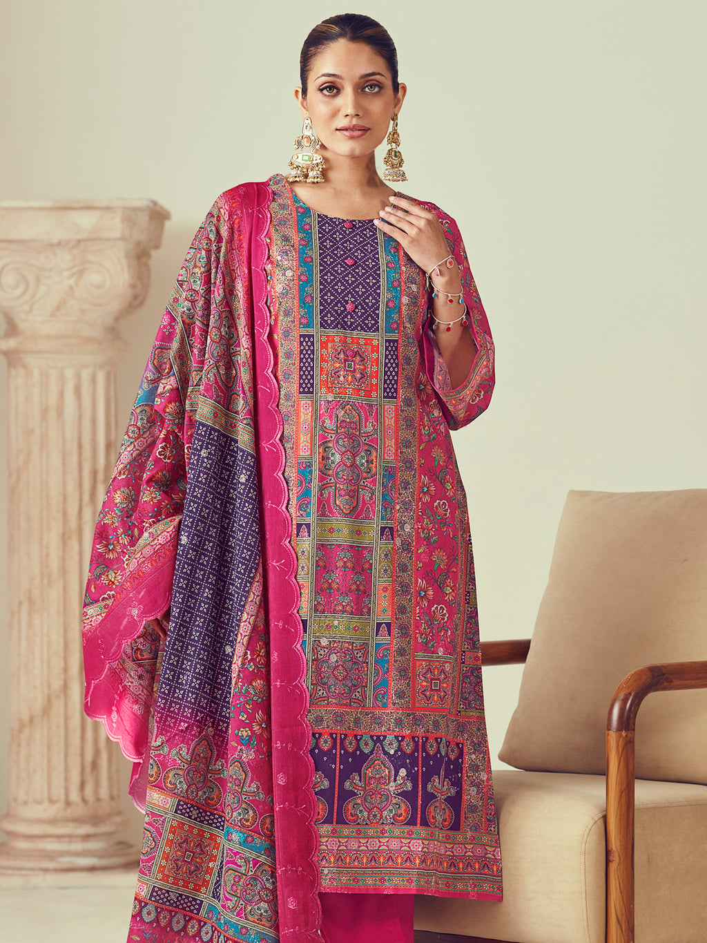 Magenta Lawn Cotton Indian Suit | Digital Print with Resham Thread Work & Jari Couture