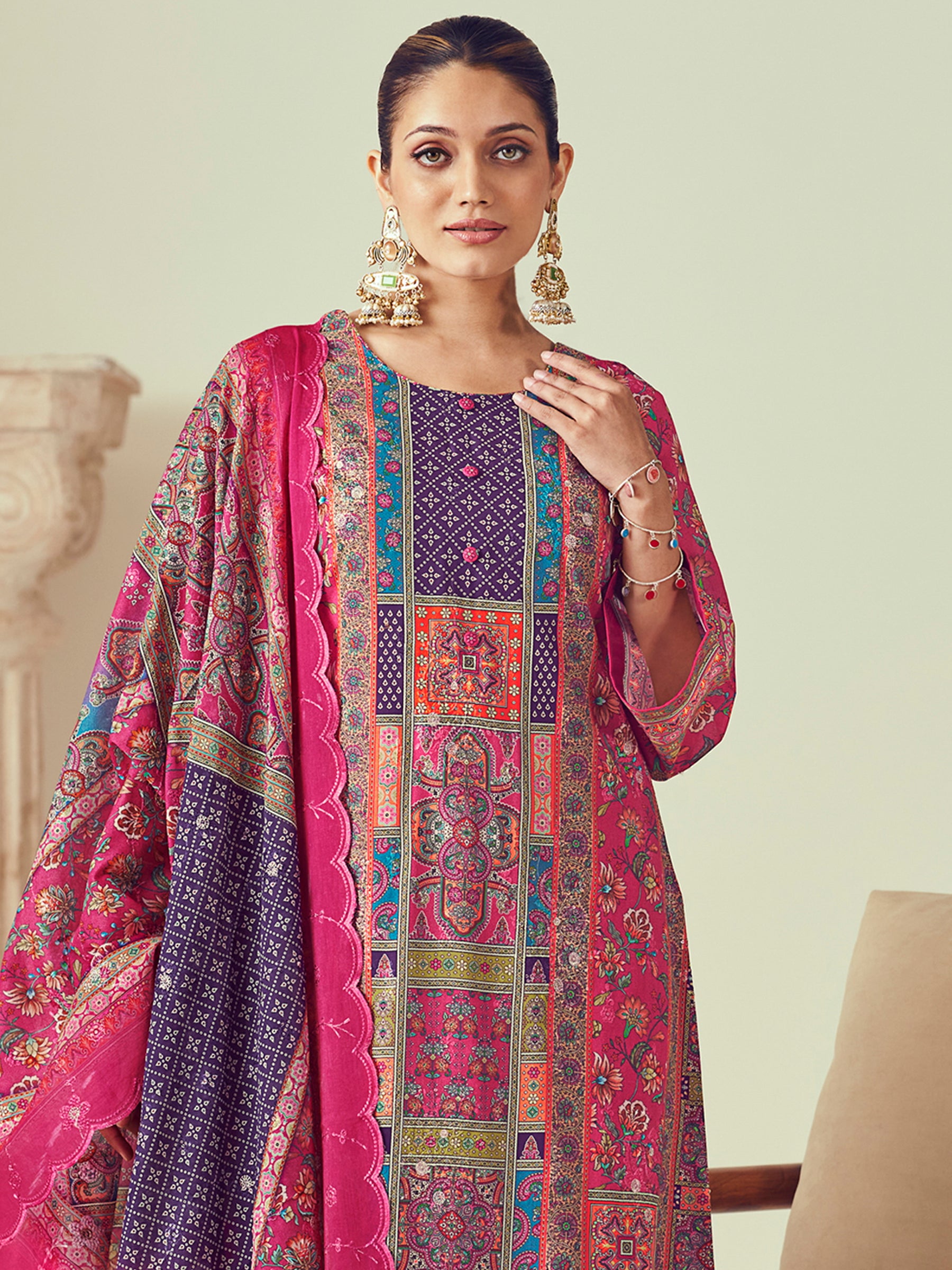 Magenta Lawn Cotton Indian Suit | Digital Print with Resham Thread Work & Jari Couture