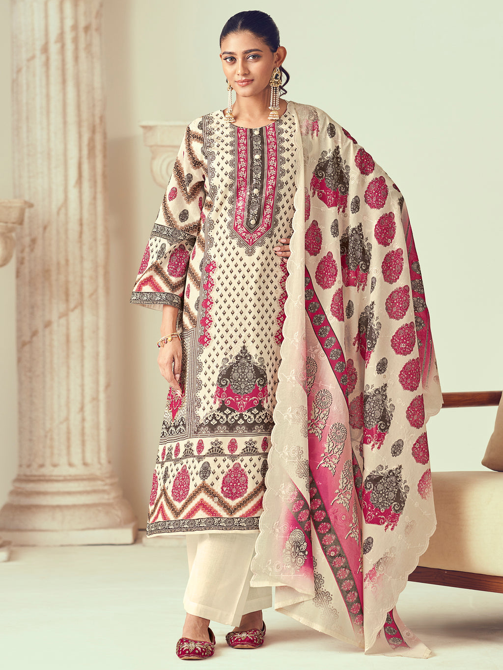 Cream Lawn Cotton Indian Suit | Digital Print with Resham Thread Work & Jari Couture