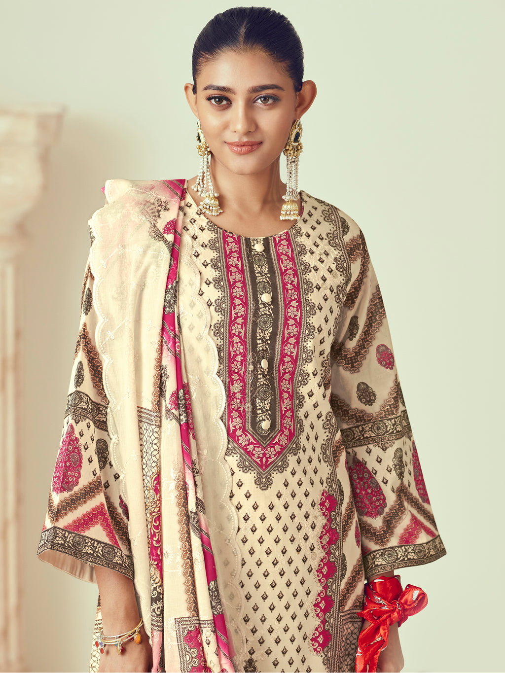 Cream Lawn Cotton Indian Suit | Digital Print with Resham Thread Work & Jari Couture