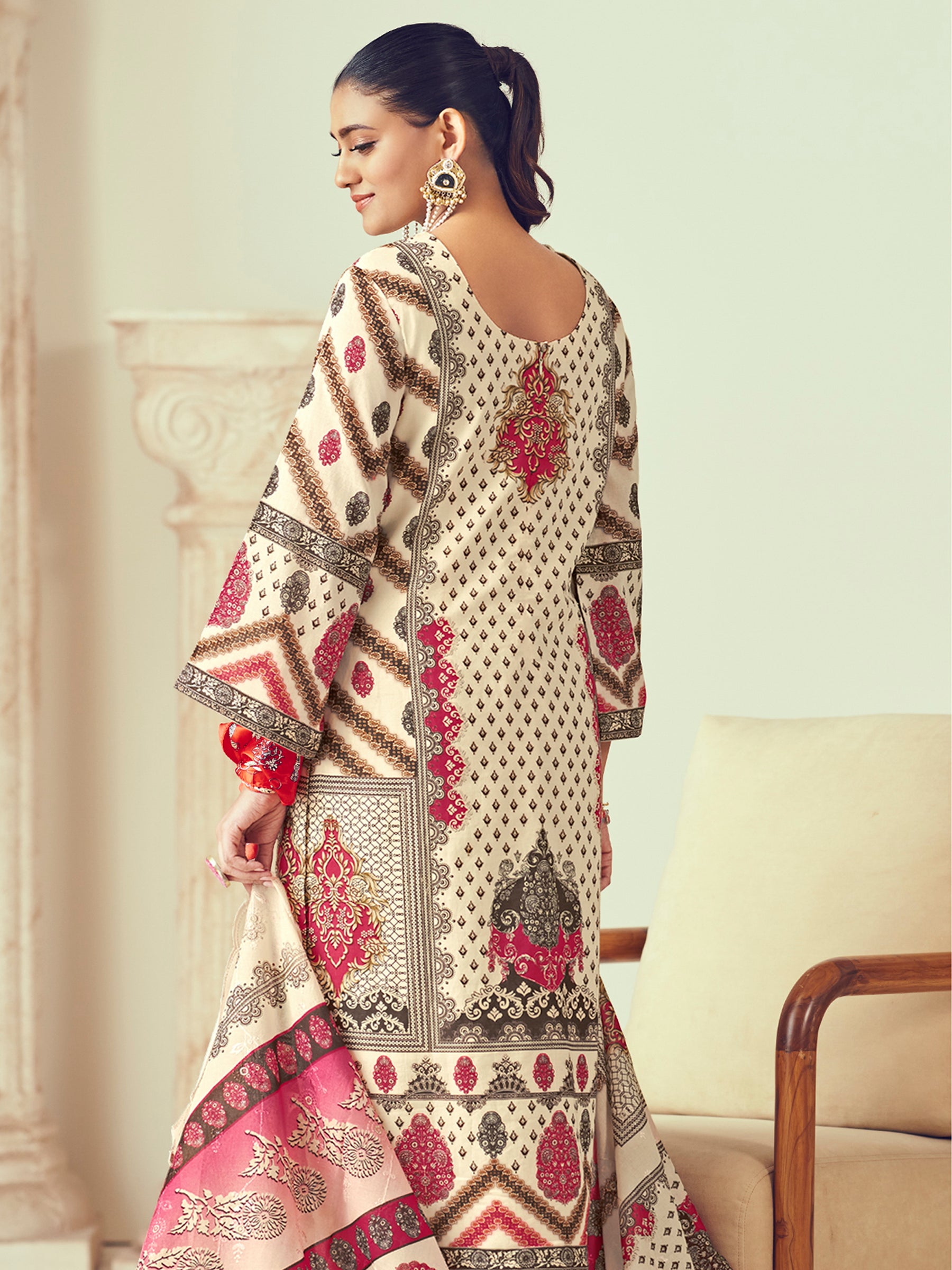 Cream Lawn Cotton Indian Suit | Digital Print with Resham Thread Work & Jari Couture