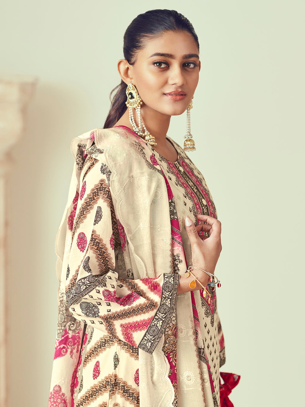 Cream Lawn Cotton Indian Suit | Digital Print with Resham Thread Work & Jari Couture