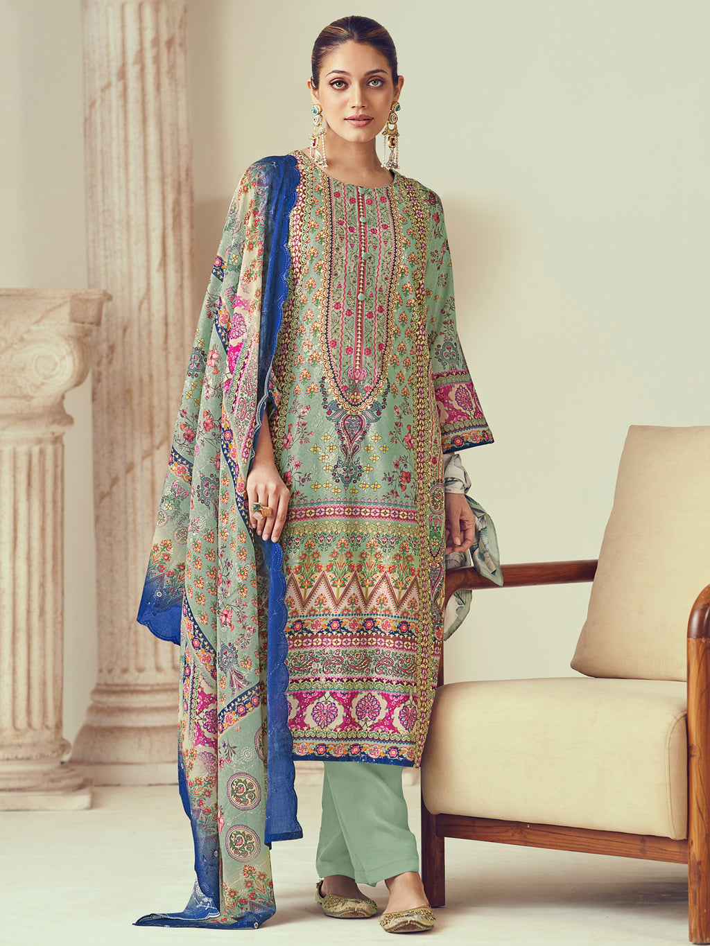 Pista Green Lawn Cotton Indian Suit | Digital Print with Resham Thread Work & Jari Couture