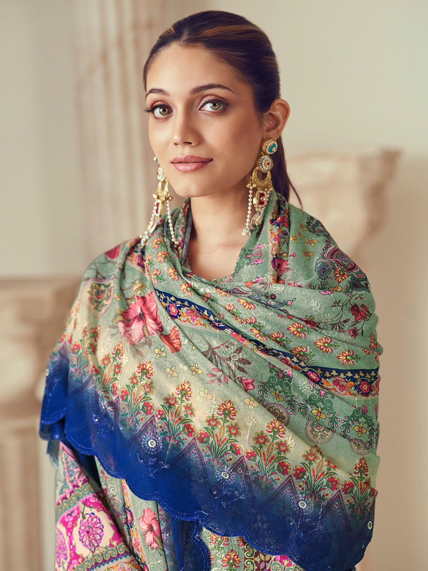 Pista Green Lawn Cotton Indian Suit | Digital Print with Resham Thread Work & Jari Couture
