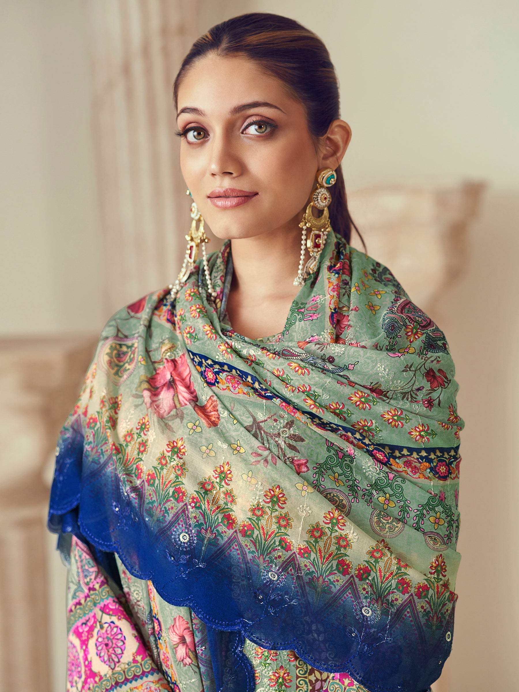 Pista Green Lawn Cotton Indian Suit | Digital Print with Resham Thread Work & Jari Couture