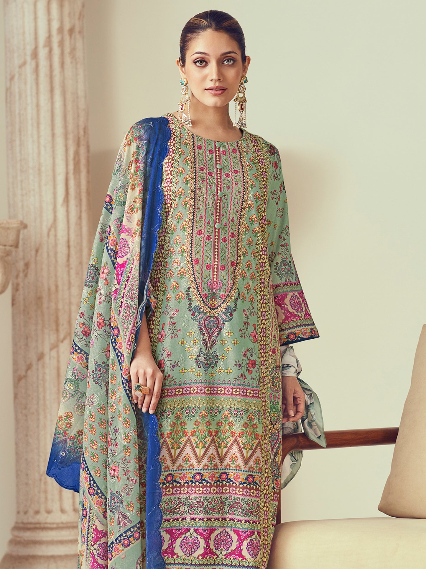 Pista Green Lawn Cotton Indian Suit | Digital Print with Resham Thread Work & Jari Couture