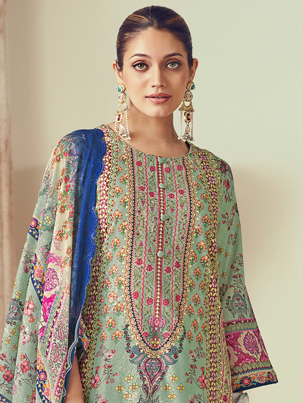 Pista Green Lawn Cotton Indian Suit | Digital Print with Resham Thread Work & Jari Couture