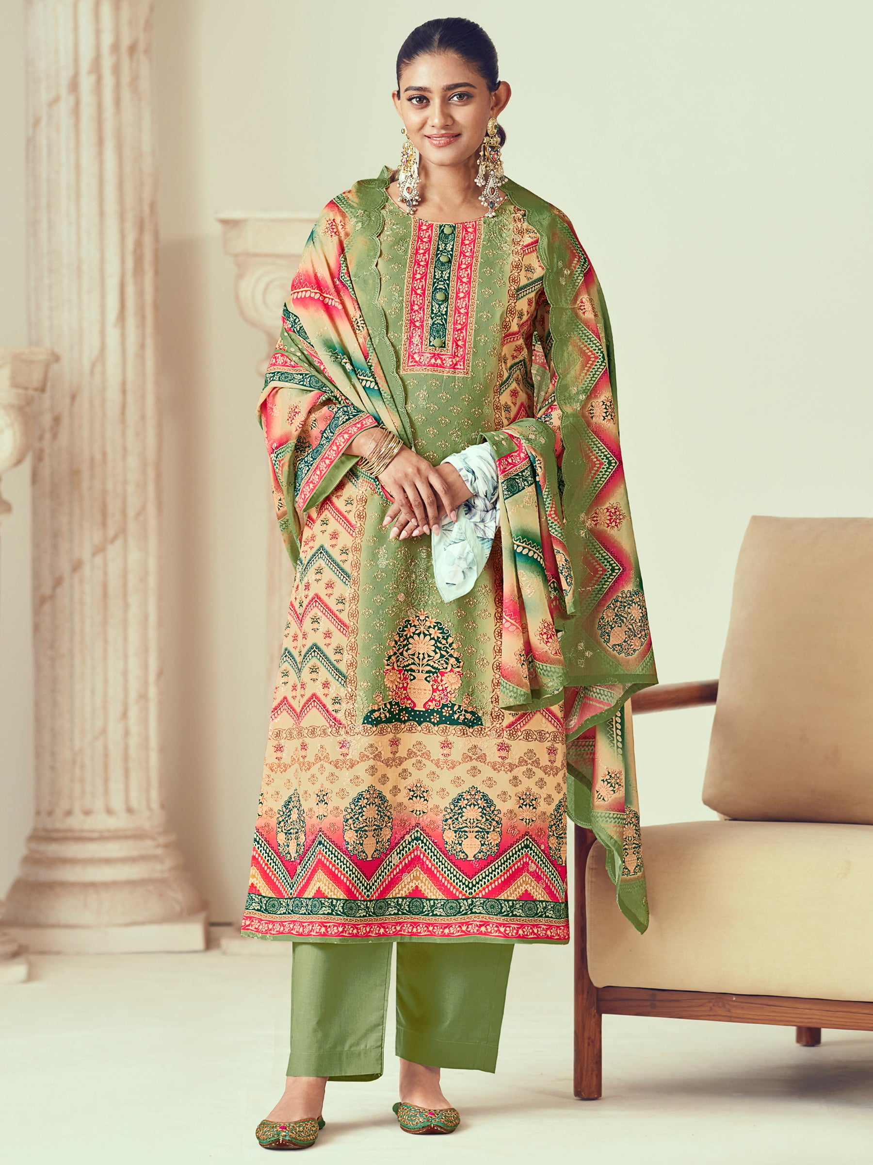 Olive Lawn Cotton Indian Suit | Digital Print with Resham Thread Work & Jari Couture