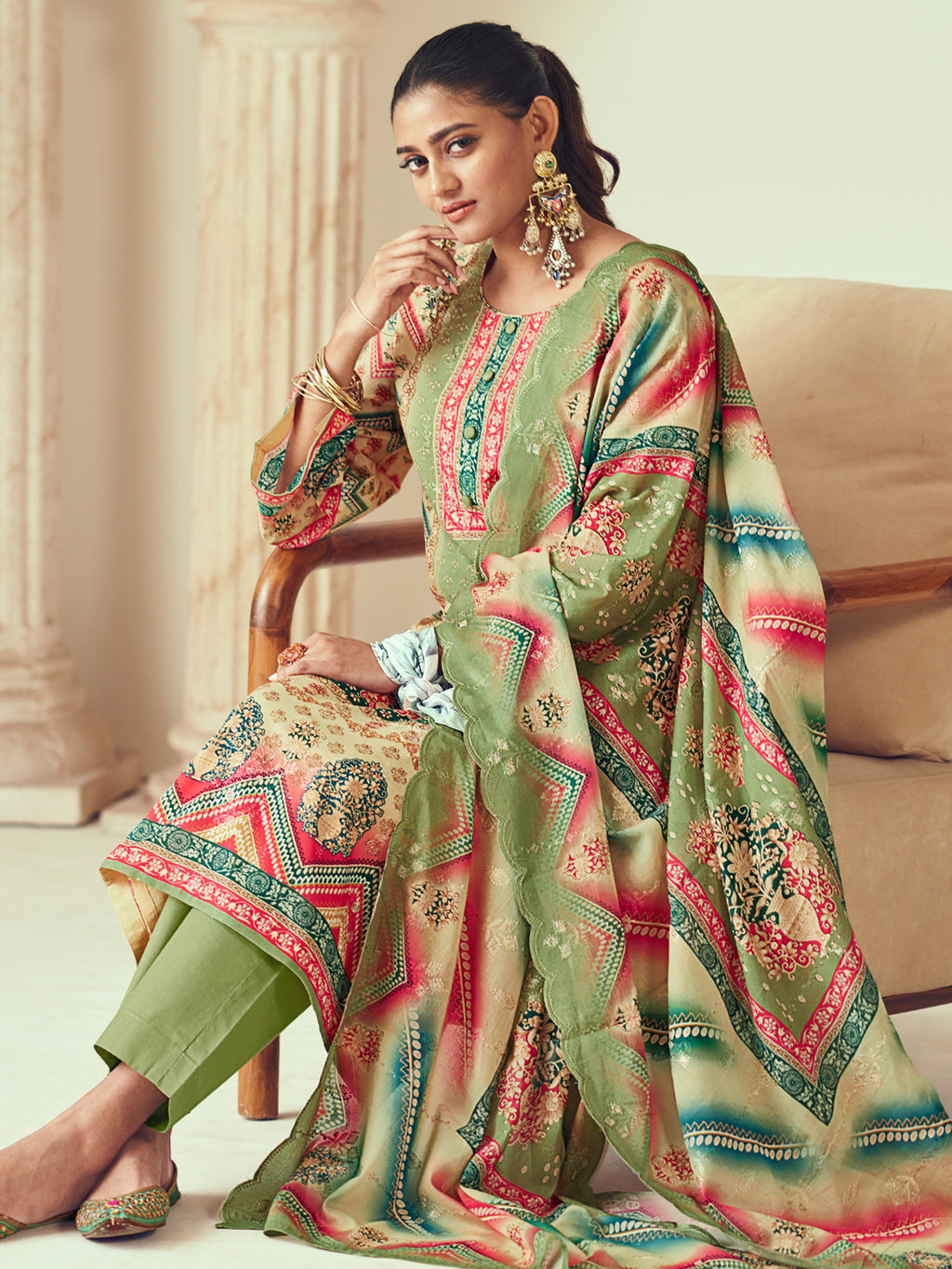 Olive Lawn Cotton Indian Suit | Digital Print with Resham Thread Work & Jari Couture