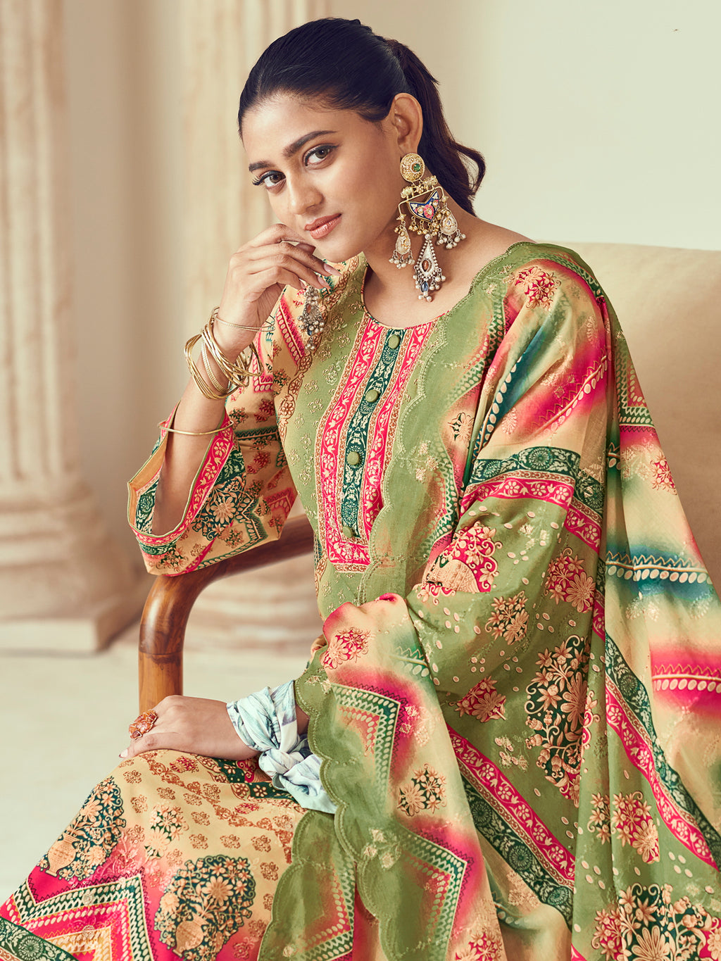 Olive Lawn Cotton Indian Suit | Digital Print with Resham Thread Work & Jari Couture