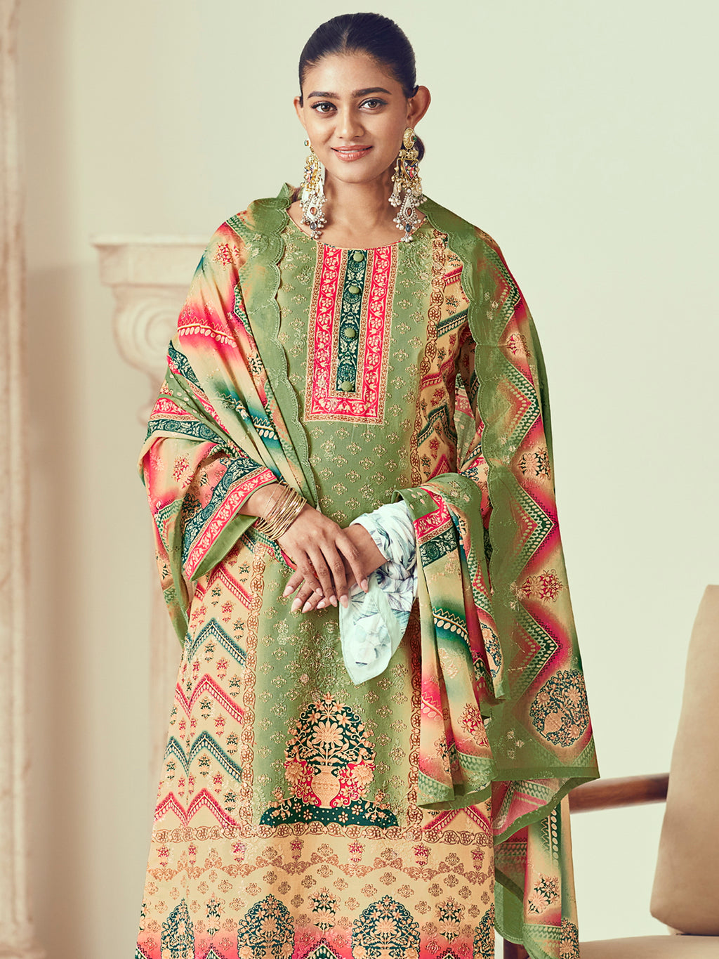Olive Lawn Cotton Indian Suit | Digital Print with Resham Thread Work & Jari Couture