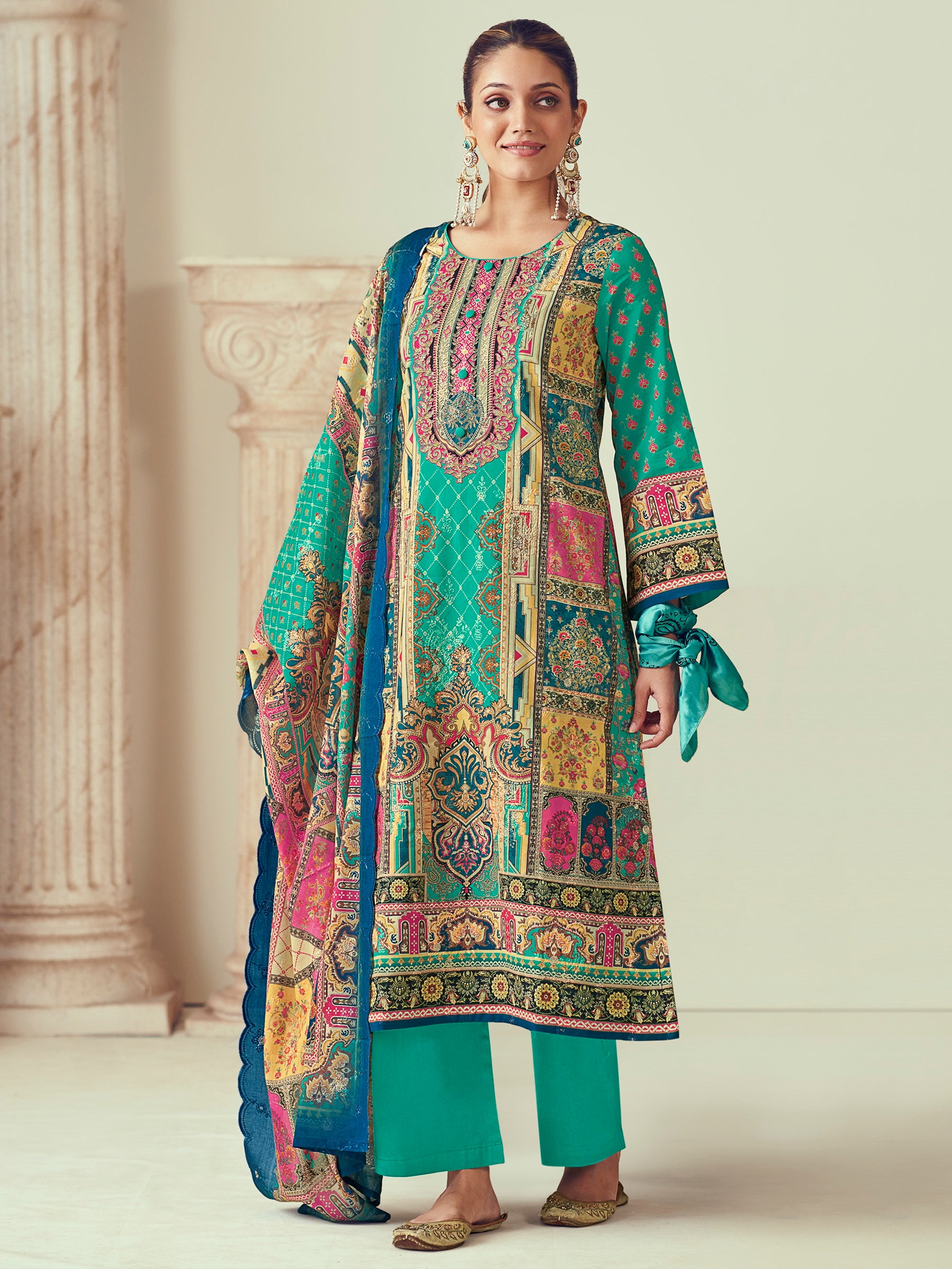 Teal Lawn Cotton Indian Suit | Digital Print with Resham Thread Work & Jari Couture