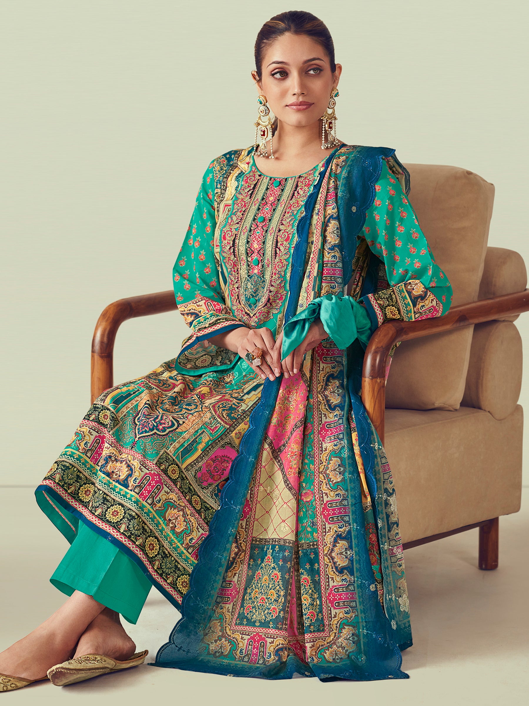 Teal Lawn Cotton Indian Suit | Digital Print with Resham Thread Work & Jari Couture